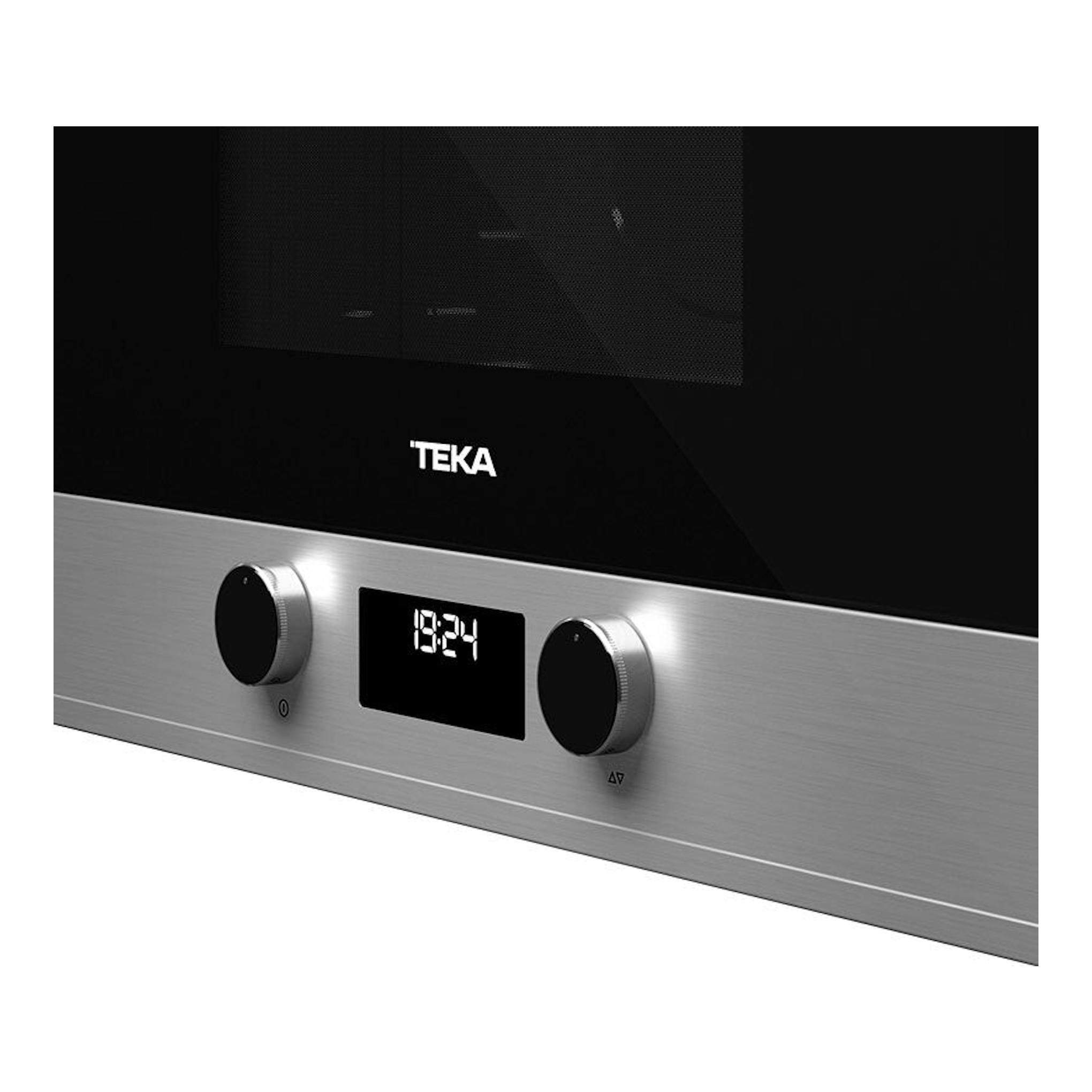 Microondas integrable Teka MS622BIS LS en negro y acero inoxidable, vista frontal con dos mandos y pantalla digital.