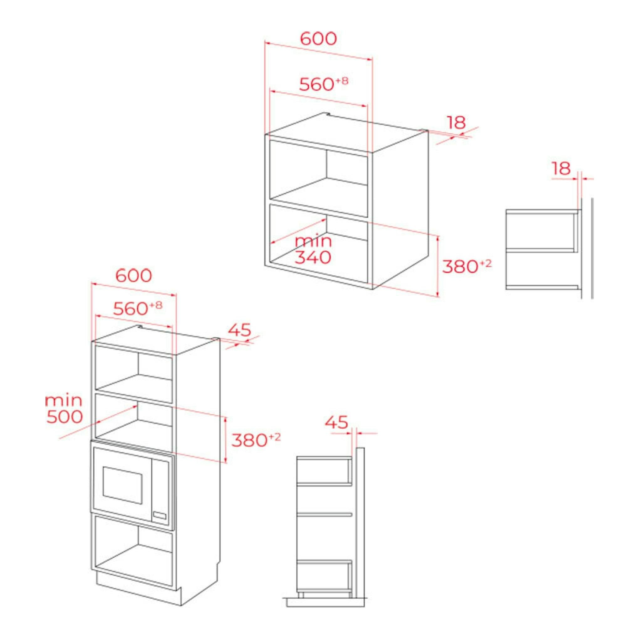 Teka MSEG620FI: esquema de instalación de microondas integrable en mueble, vistas frontal y lateral con medidas.