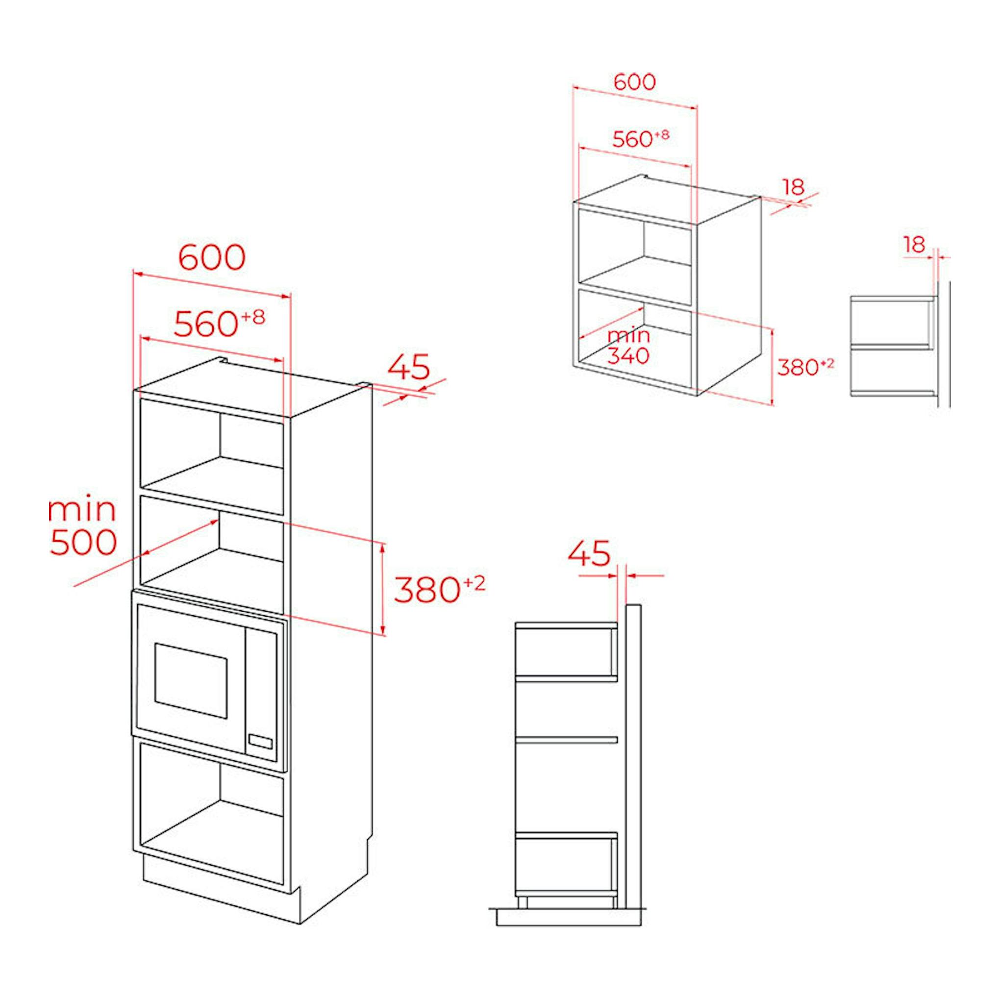 Esquema técnico del microondas integrable Teka MSEG620SS en mueble, con vistas frontal y lateral y medidas.