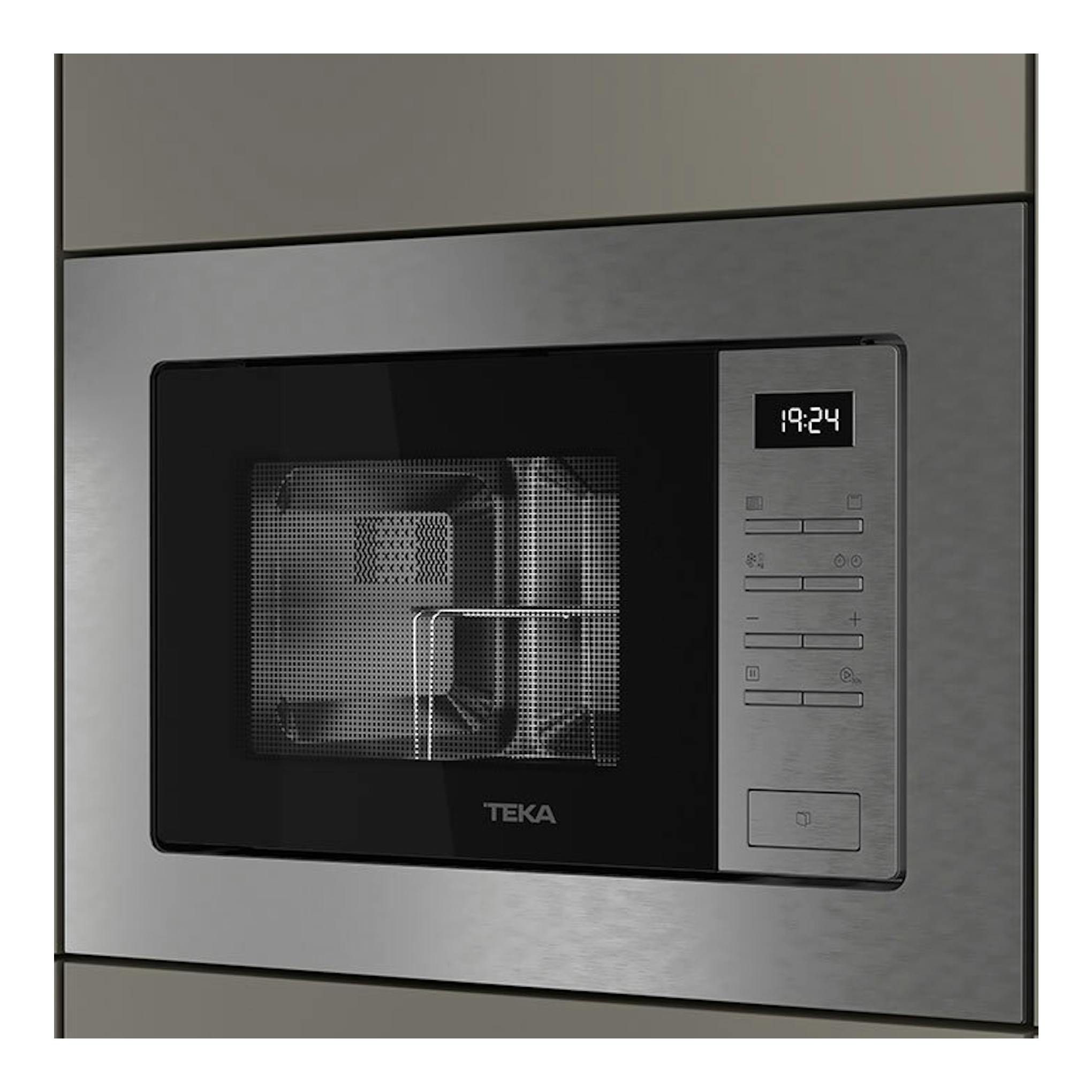 Microondas integrable Teka MSEG620SS inox, vista frontal empotrada con puerta negra y panel digital.