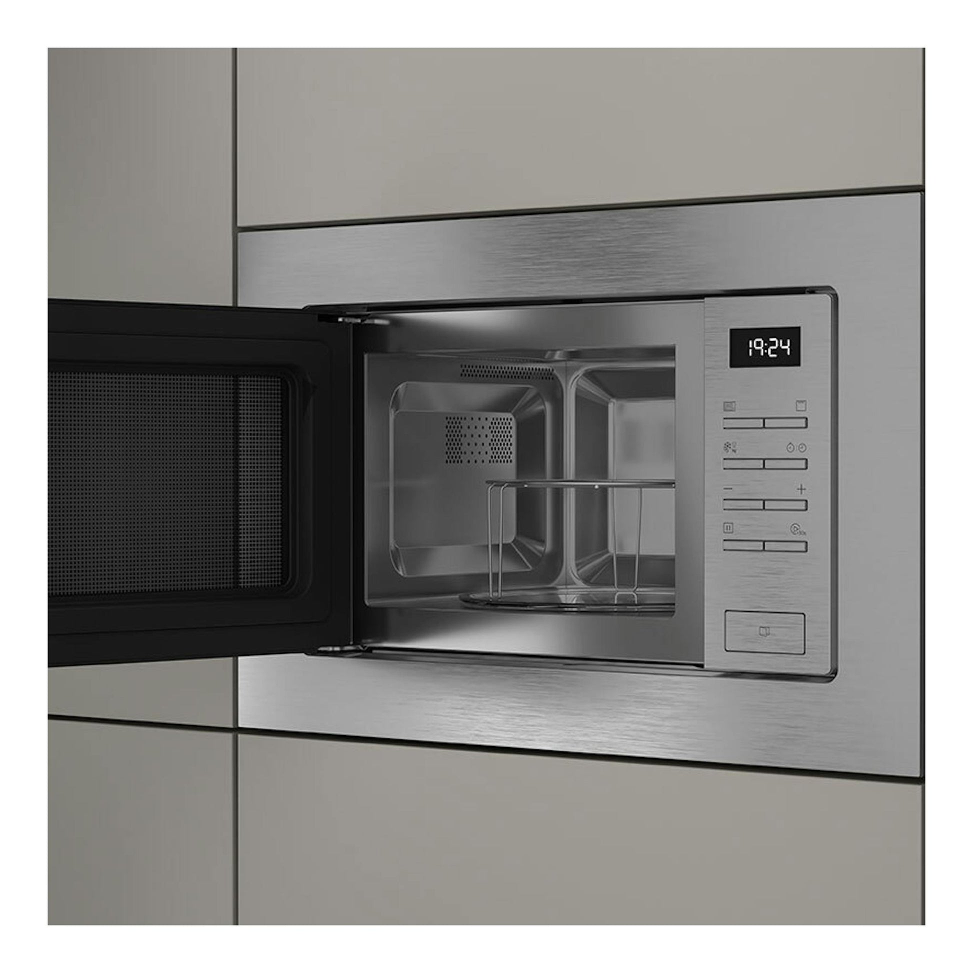 Microondas integrable Teka MSEG620SS de acero inox, puerta abatible abierta y panel digital frontal.