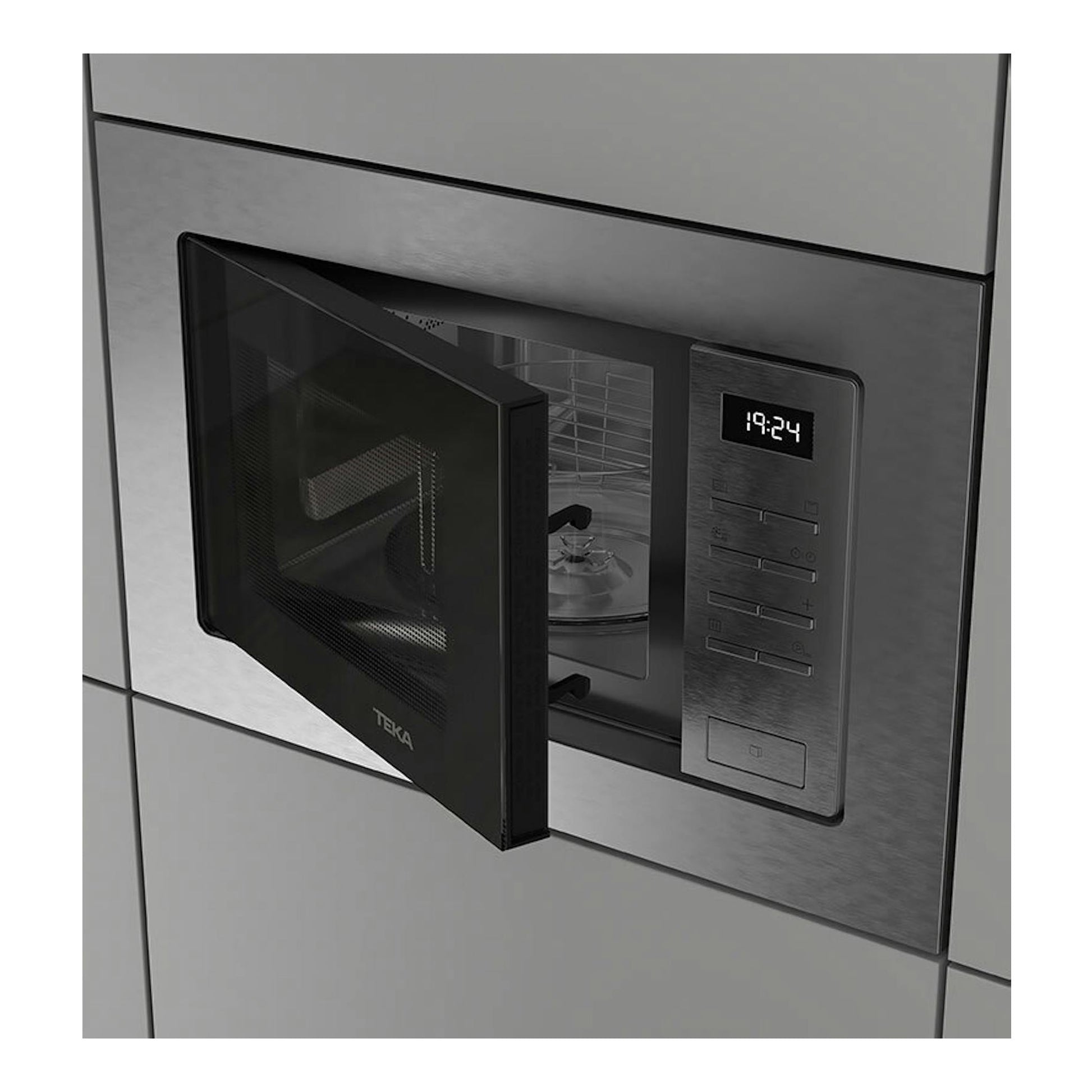 Microondas integrable Teka MSEG620SS inox, vista frontal con puerta negra abierta y panel digital.