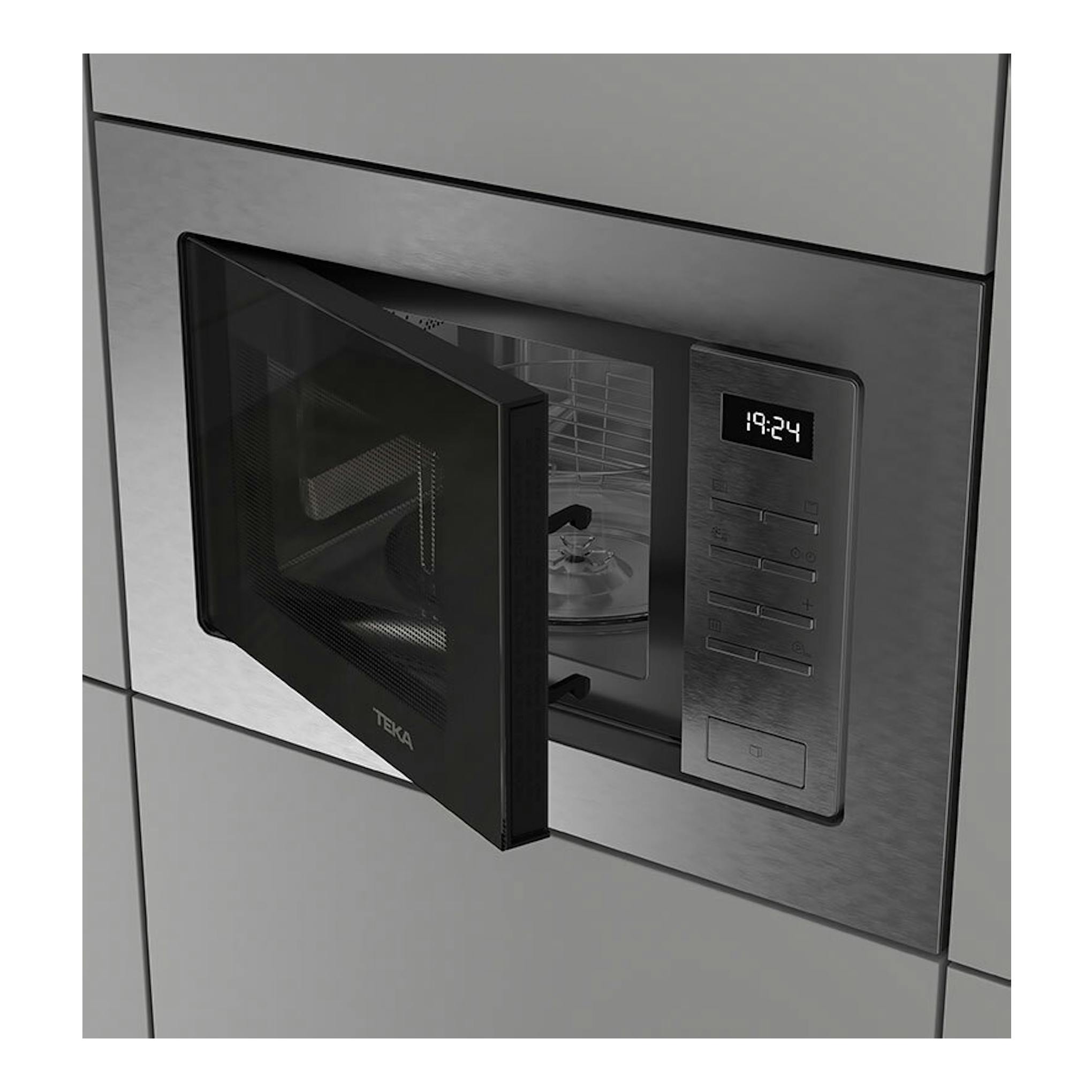 Microondas integrable Teka MSEG620SS inox, vista frontal con puerta negra abierta y panel digital.