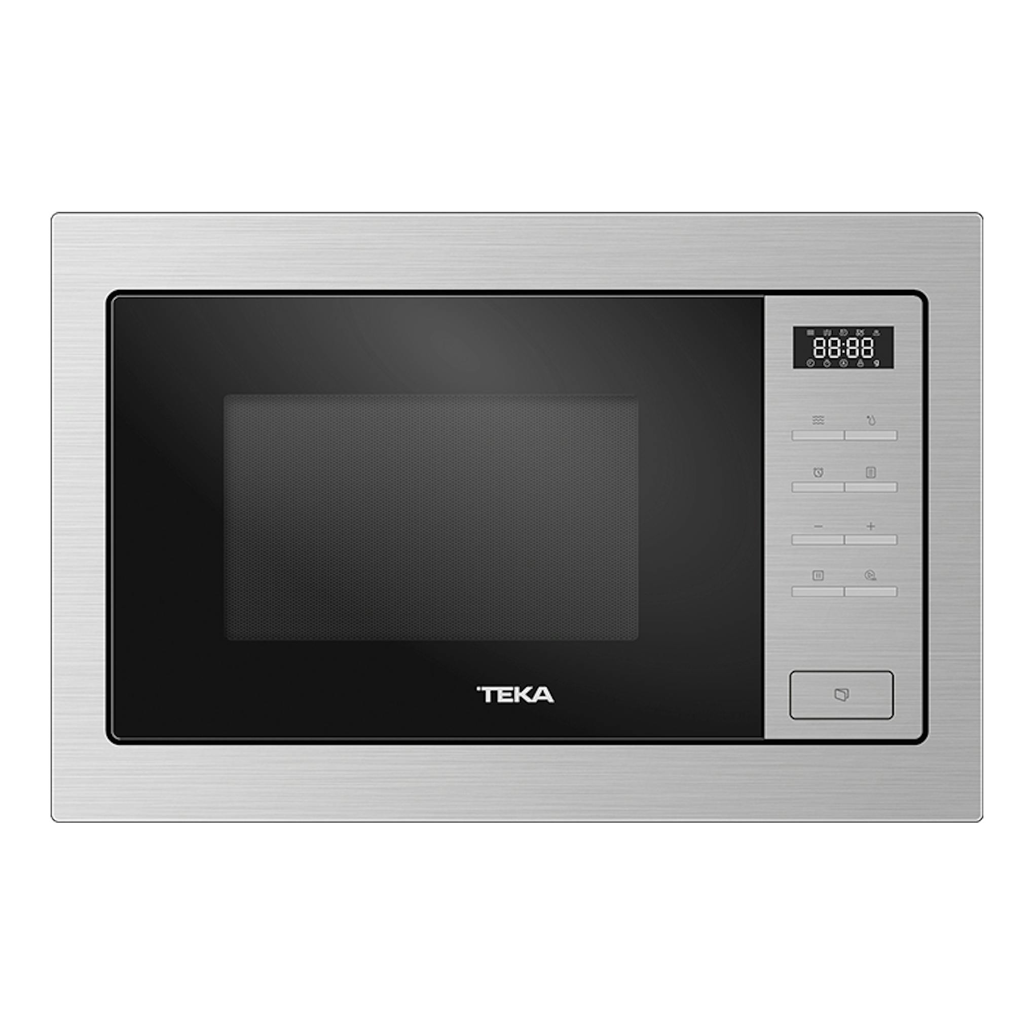 Microondas integrable Teka MSEG825FI inox, vista frontal, acabado acero inoxidable con panel negro y display digital.