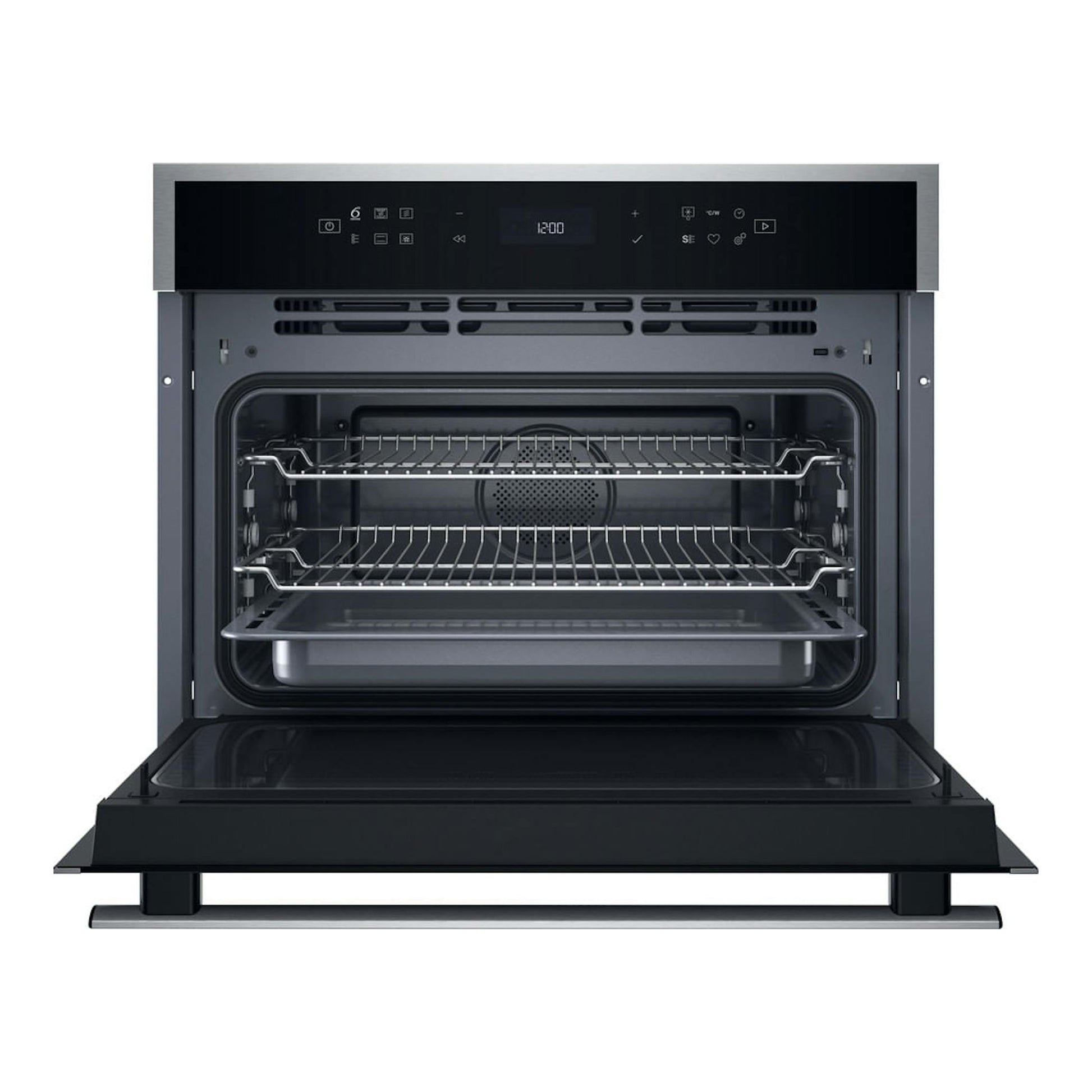 Microondas integrable Whirlpool WCW607HTSX en inox y negro, vista frontal con puerta abatida y cavidad interior.