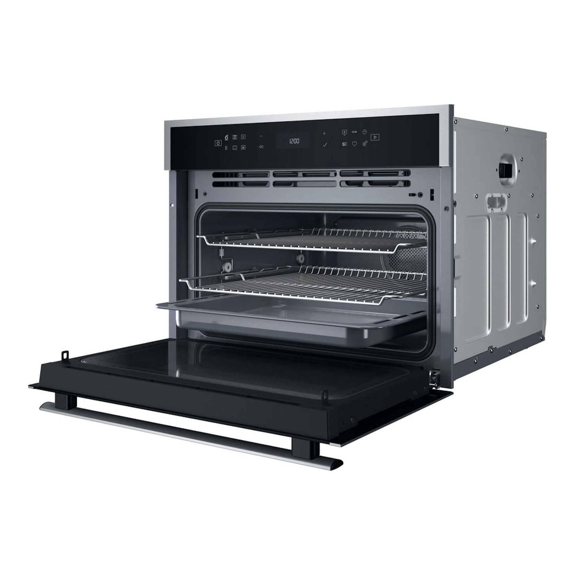 Microondas integrable Whirlpool WCW607HTSX en acero inoxidable, visto de frente con la puerta abierta.