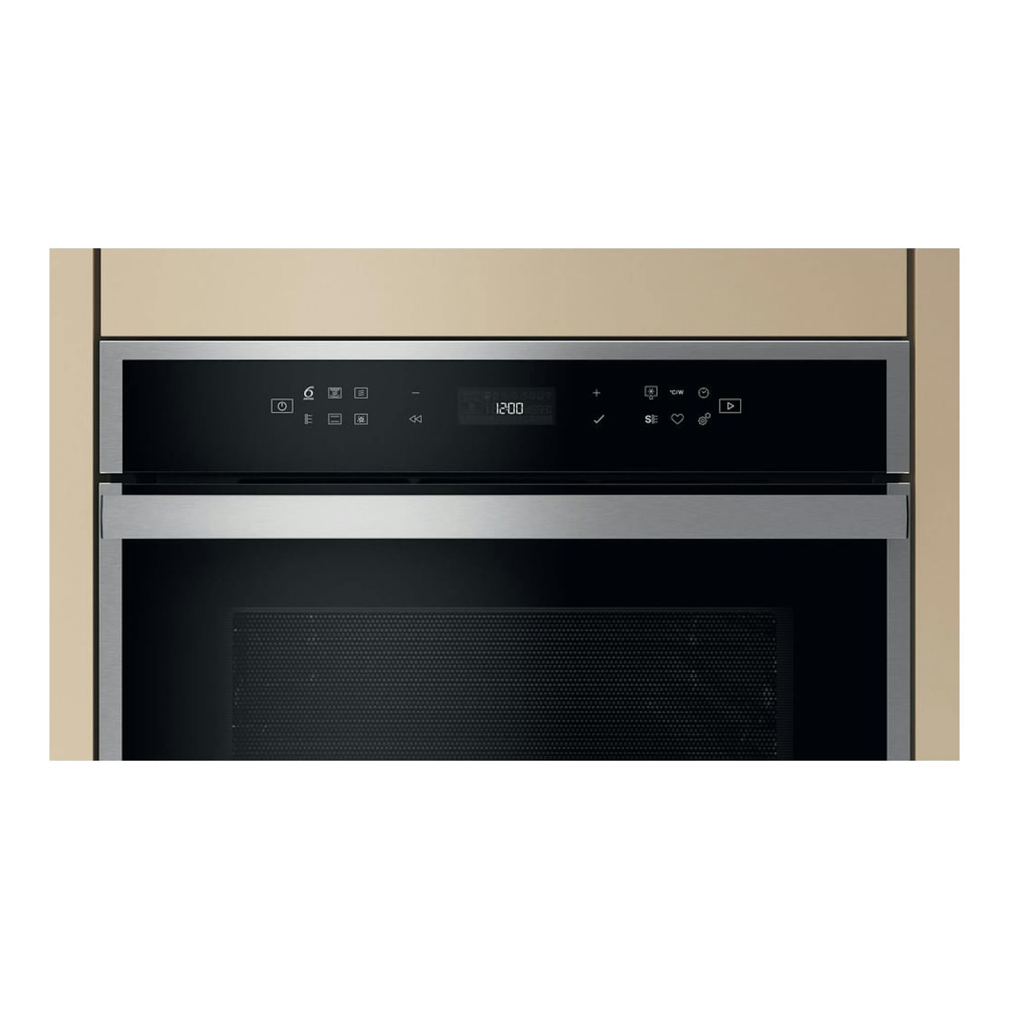 Microondas integrable Whirlpool WCW607HTSX en inox, vista frontal con panel negro y display digital.