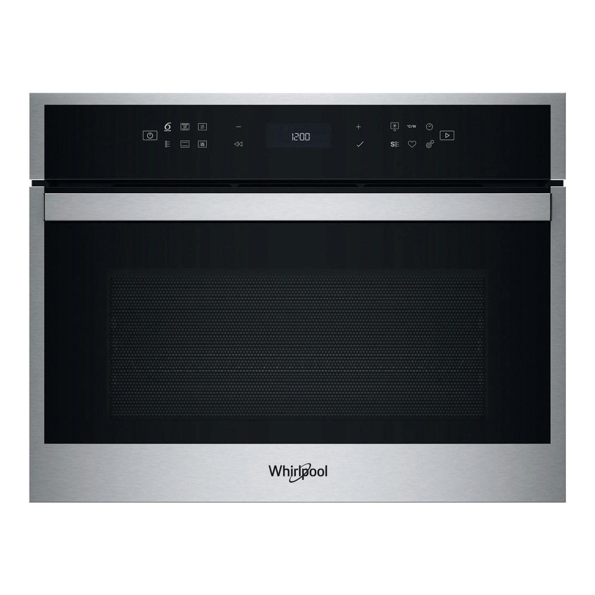 Microondas integrable Whirlpool WCW607HTSX en inox y negro, vista frontal con panel táctil y puerta de vidrio.