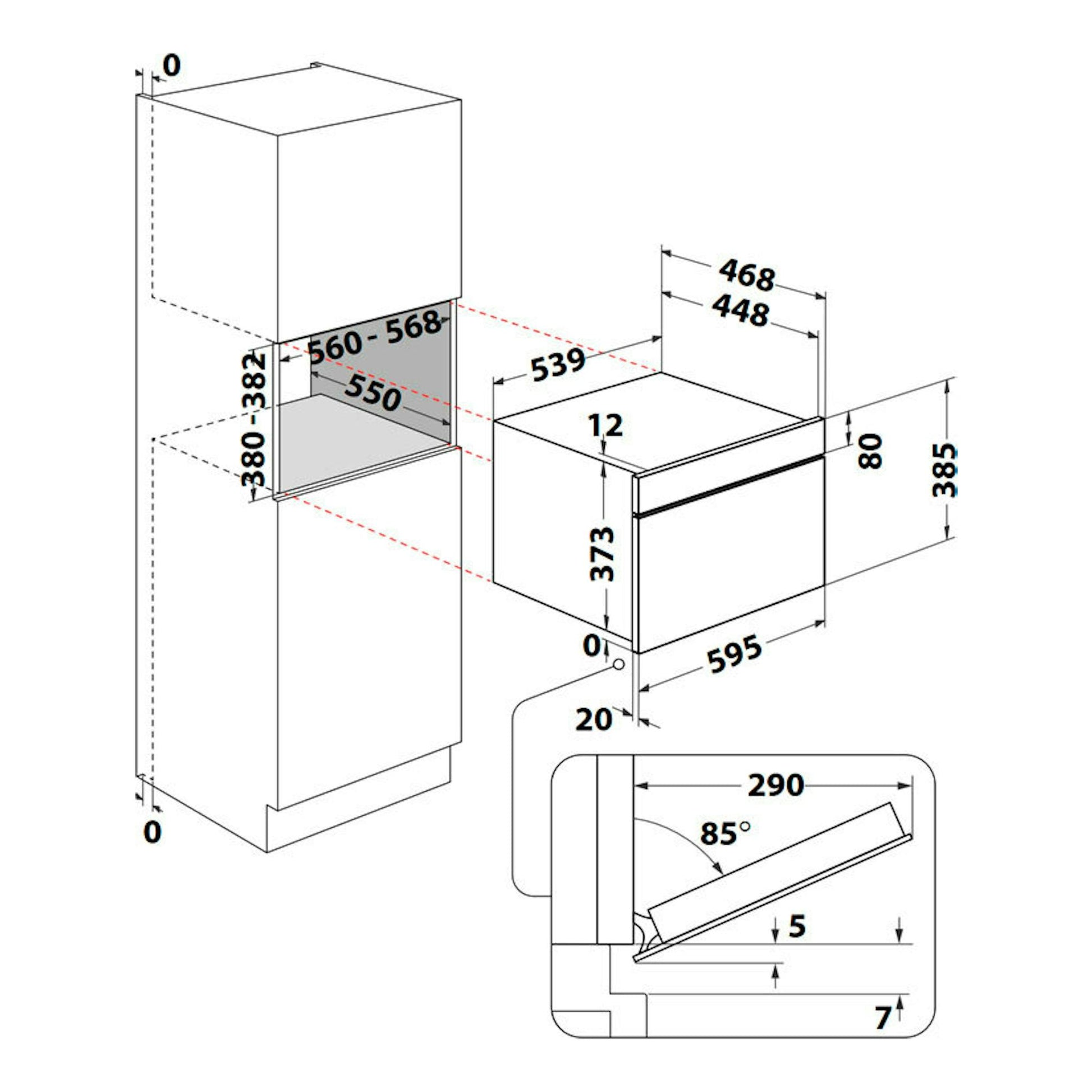 Esquema técnico de instalación de microondas integrable Whirlpool WMD44MB, con vistas frontal y lateral y medidas.