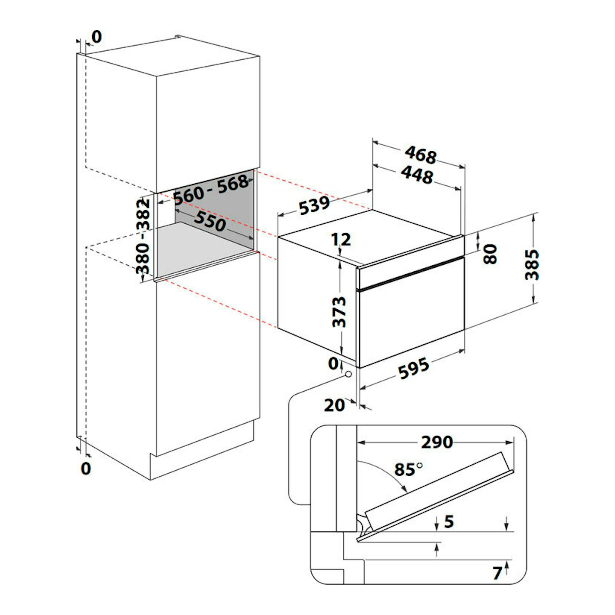 Diagrama técnico en blanco y negro del microondas integrable Whirlpool WMD44MW, vista frontal y lateral.