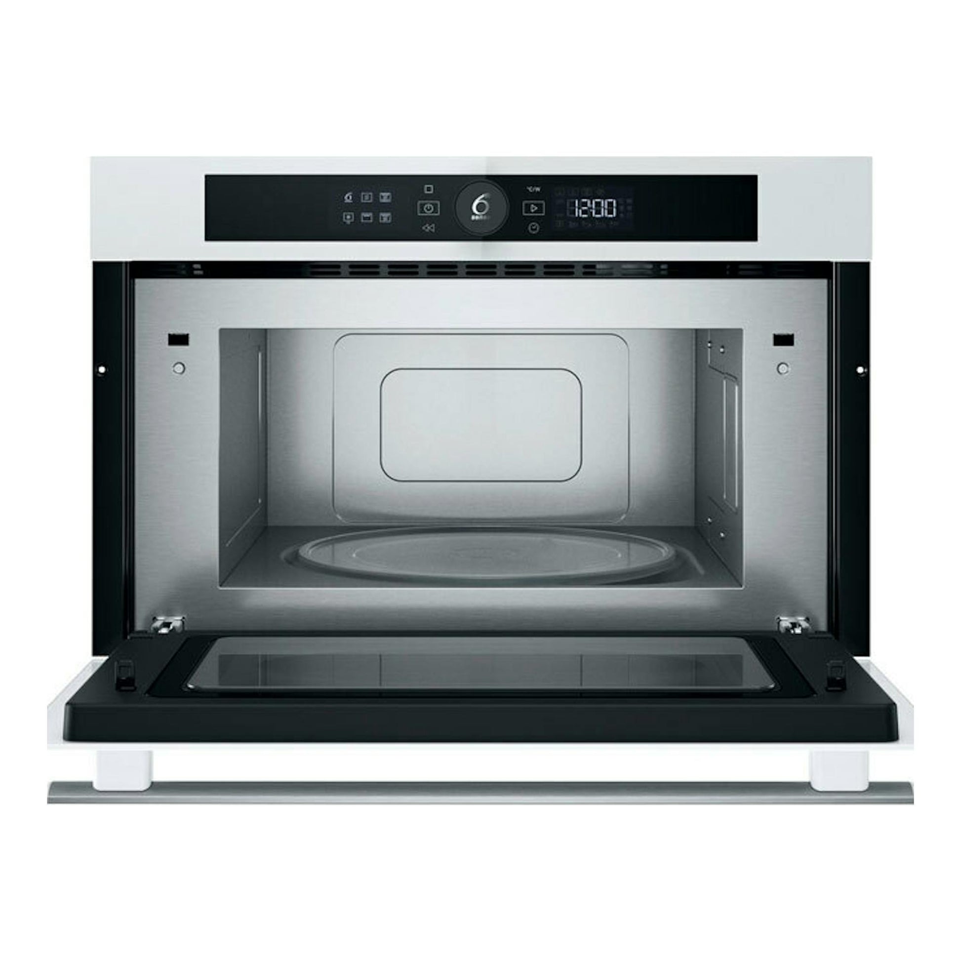 Microondas integrable Whirlpool WMD44MW, vista frontal con puerta abatible abierta, interior acero inoxidable y negro.