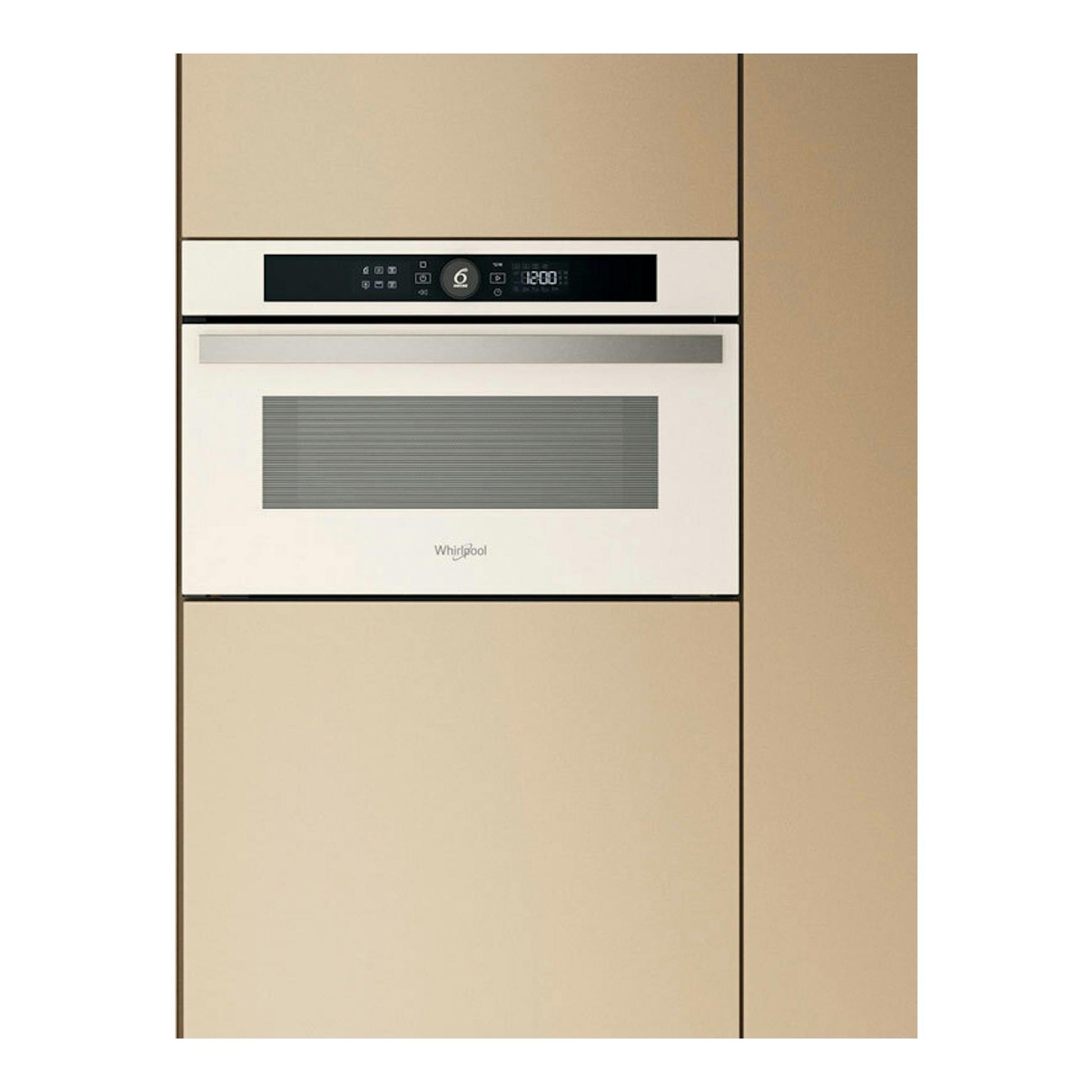 Microondas integrable Whirlpool WMD44MW, vista frontal, acabado blanco con panel de control negro.