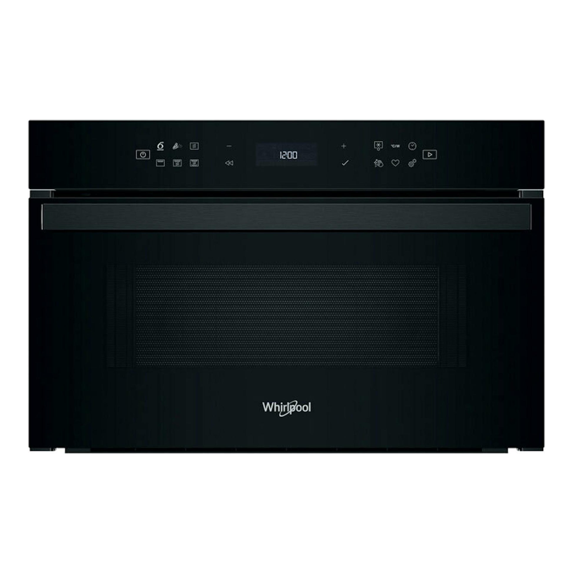 Microondas integrable Whirlpool WMD6O4TB negro, vista frontal con panel táctil y display digital.