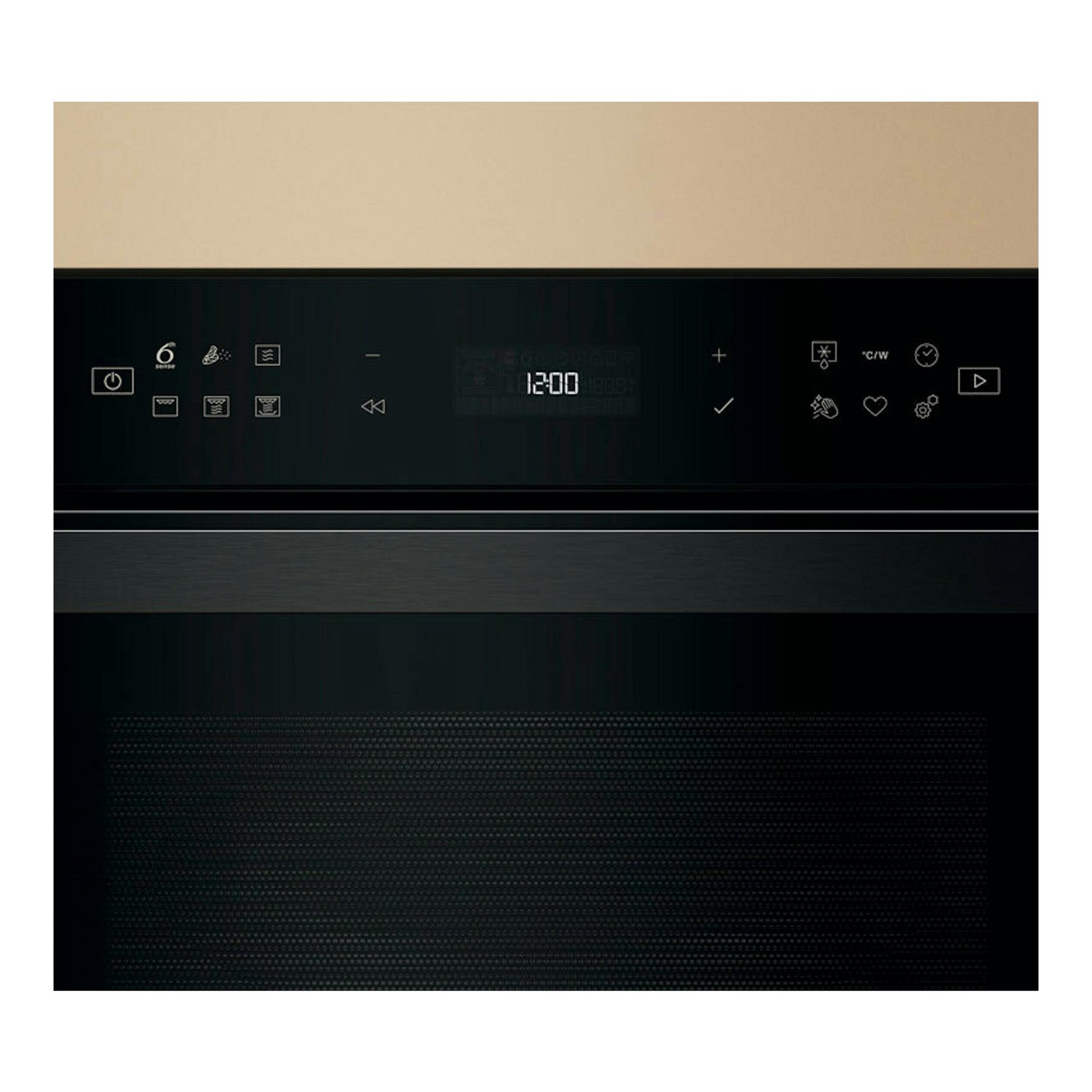 Microondas integrable Whirlpool WMD6O4TB negro, vista frontal, con panel táctil y pantalla digital 12:00.