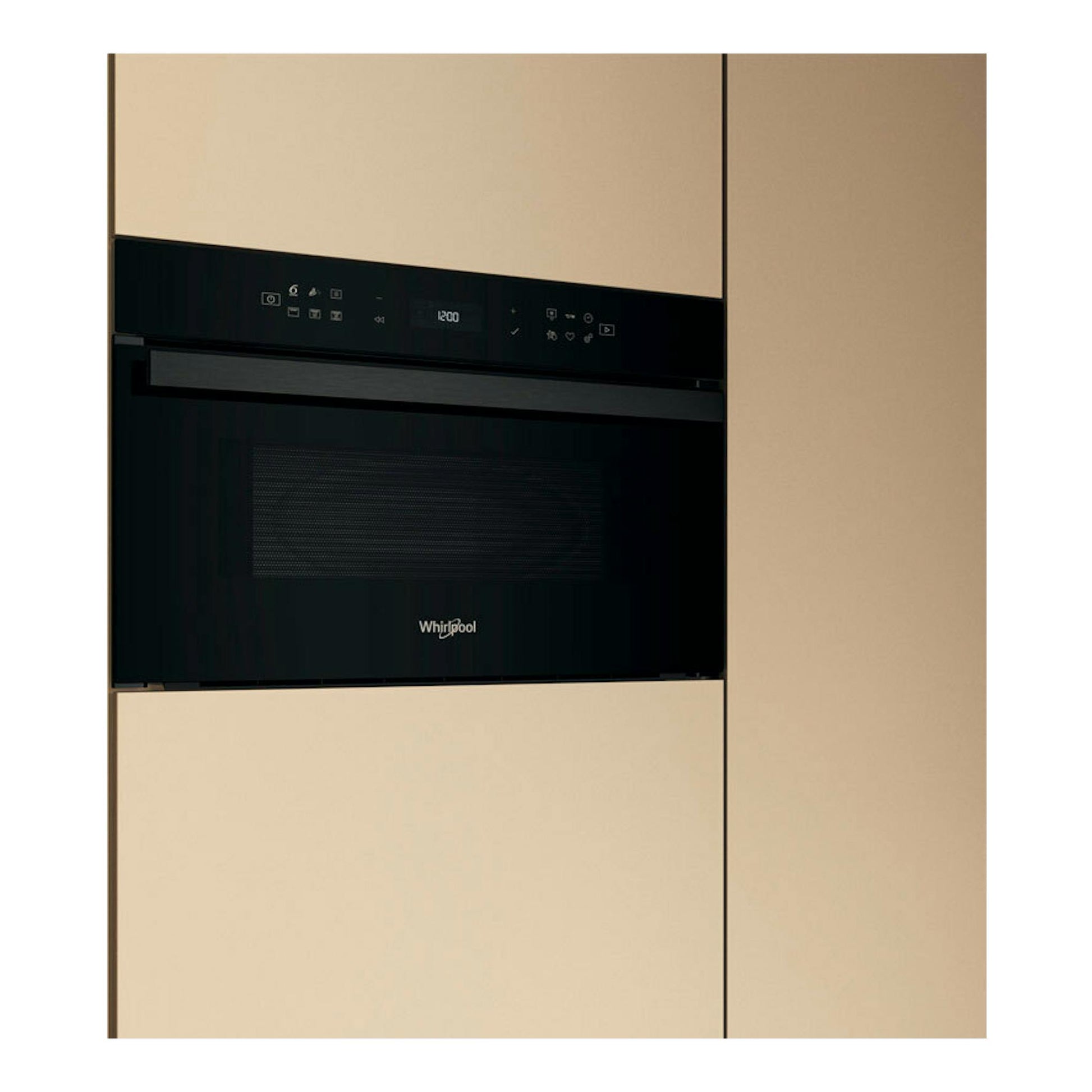 Microondas integrable Whirlpool WMD6O4TB negro, vista frontal empotrada en mueble beige.