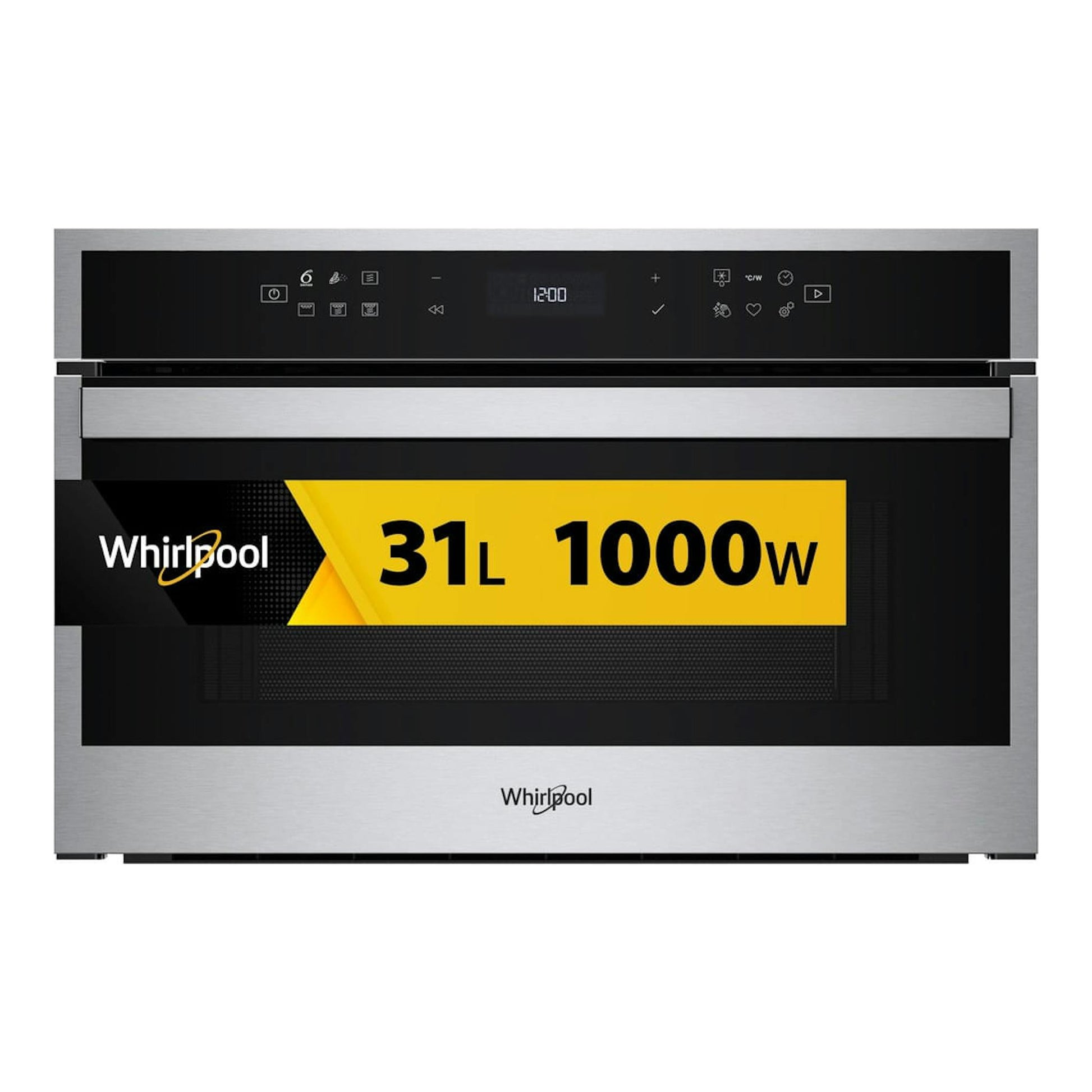 Microondas integrable Whirlpool WMD6O4TX, frontal, inox y negro, con display digital y panel táctil.