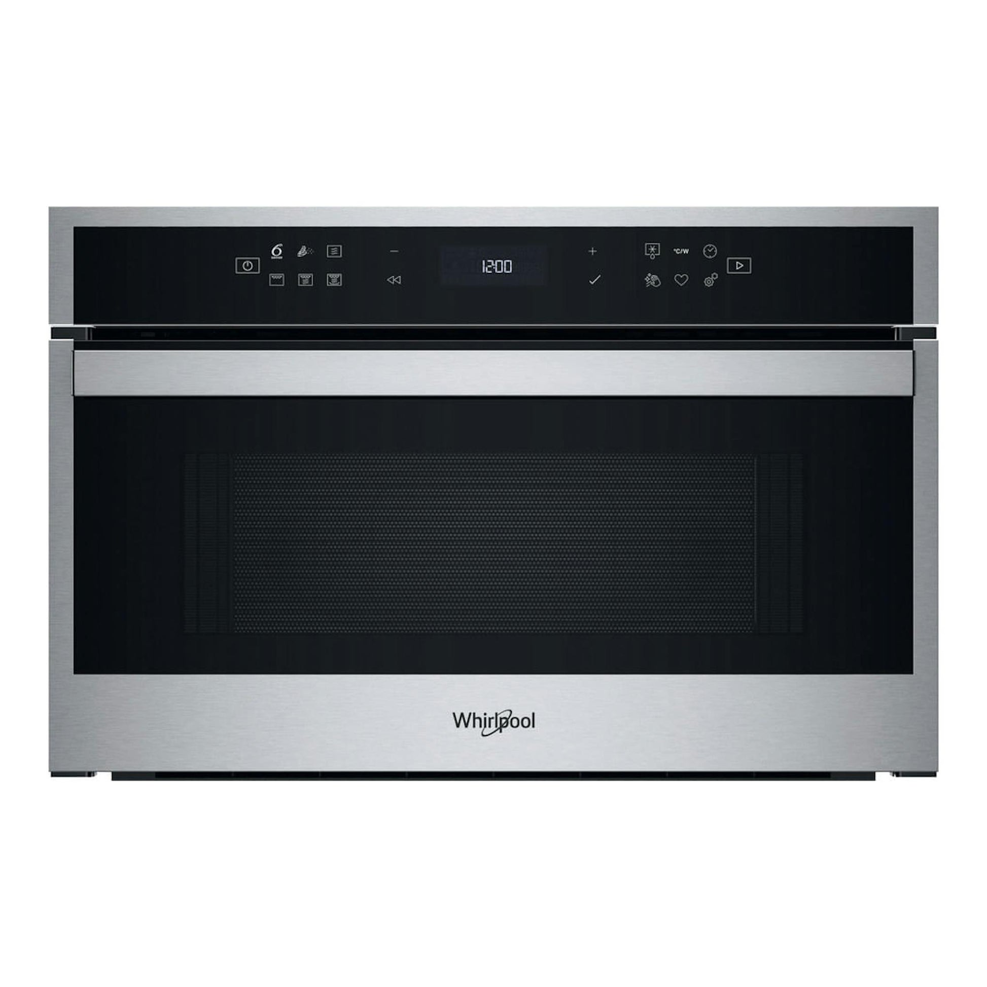 Microondas integrable Whirlpool WMD6O4TX en inox, vista frontal con panel táctil negro.