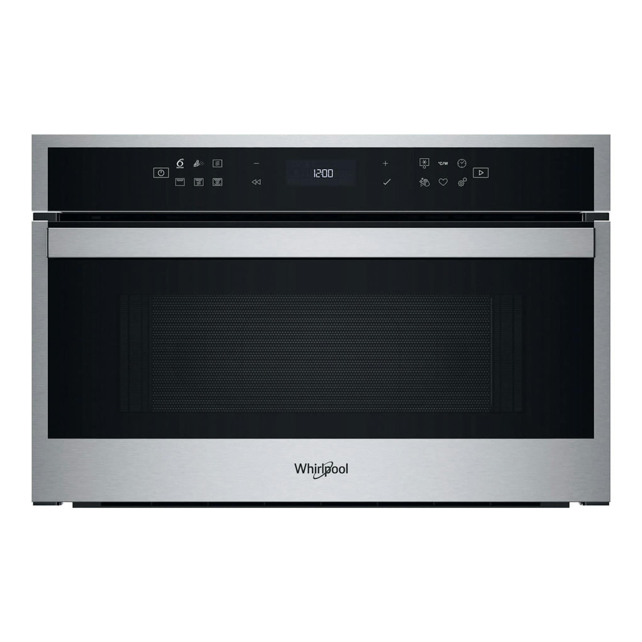 Microondas integrable Whirlpool WMD6O4TX en inox, vista frontal con panel táctil negro.