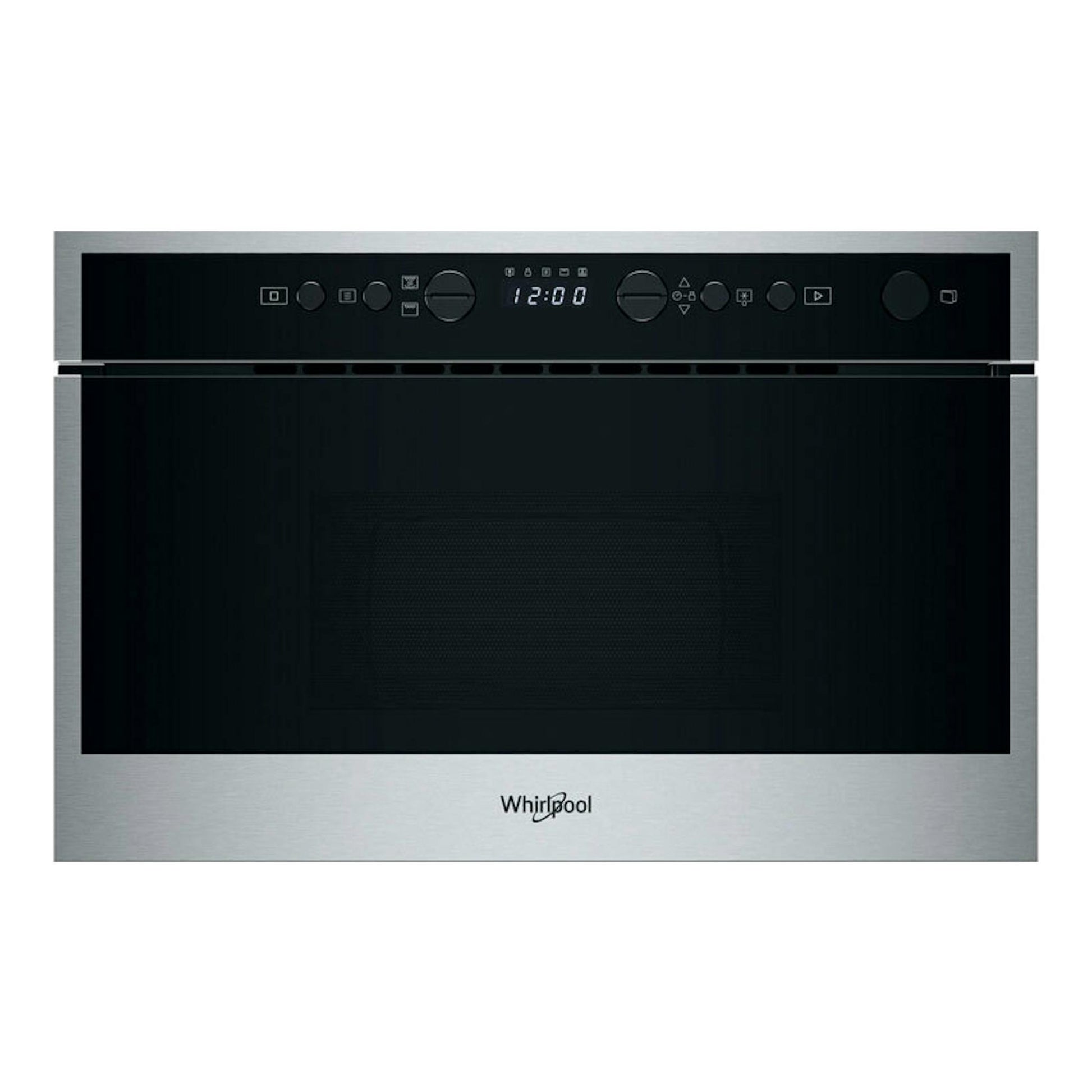 Microondas integrable Whirlpool WMN464BX, vista frontal, panel negro y marco de acero inoxidable.