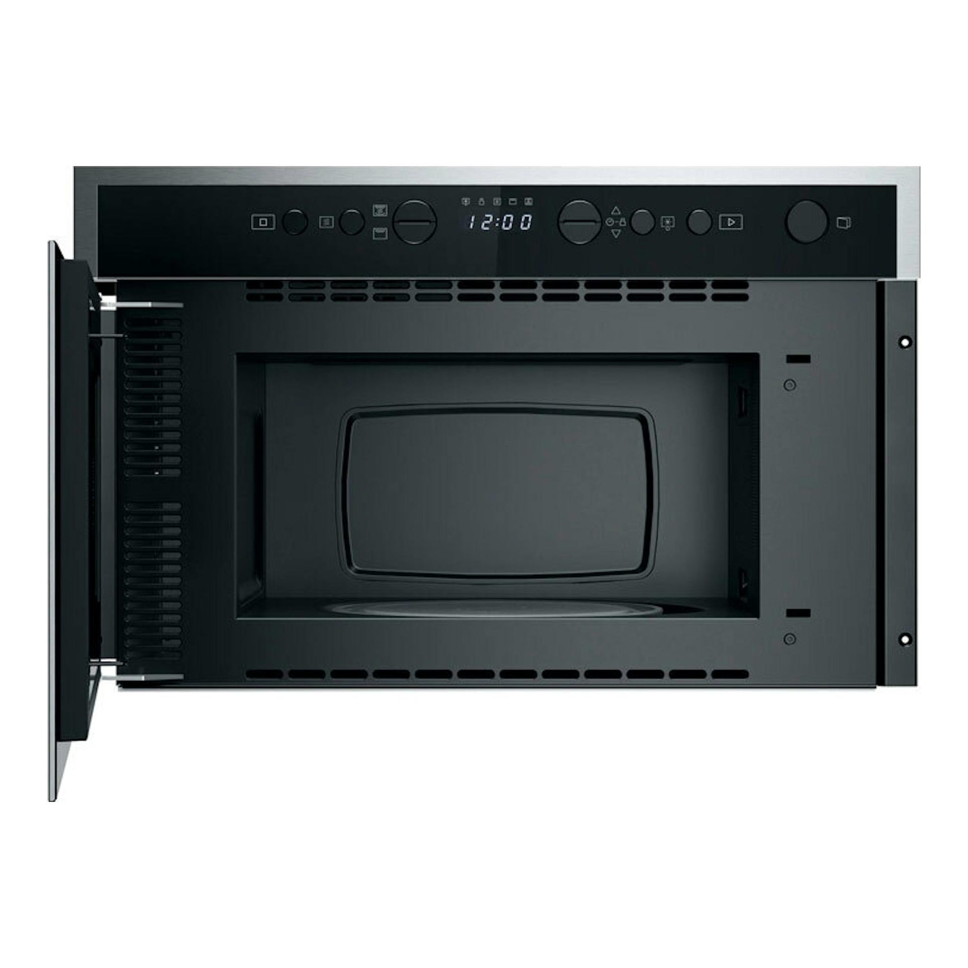 Microondas integrable Whirlpool WMN464BX, vista frontal, negro con marco inoxidable y puerta abierta.