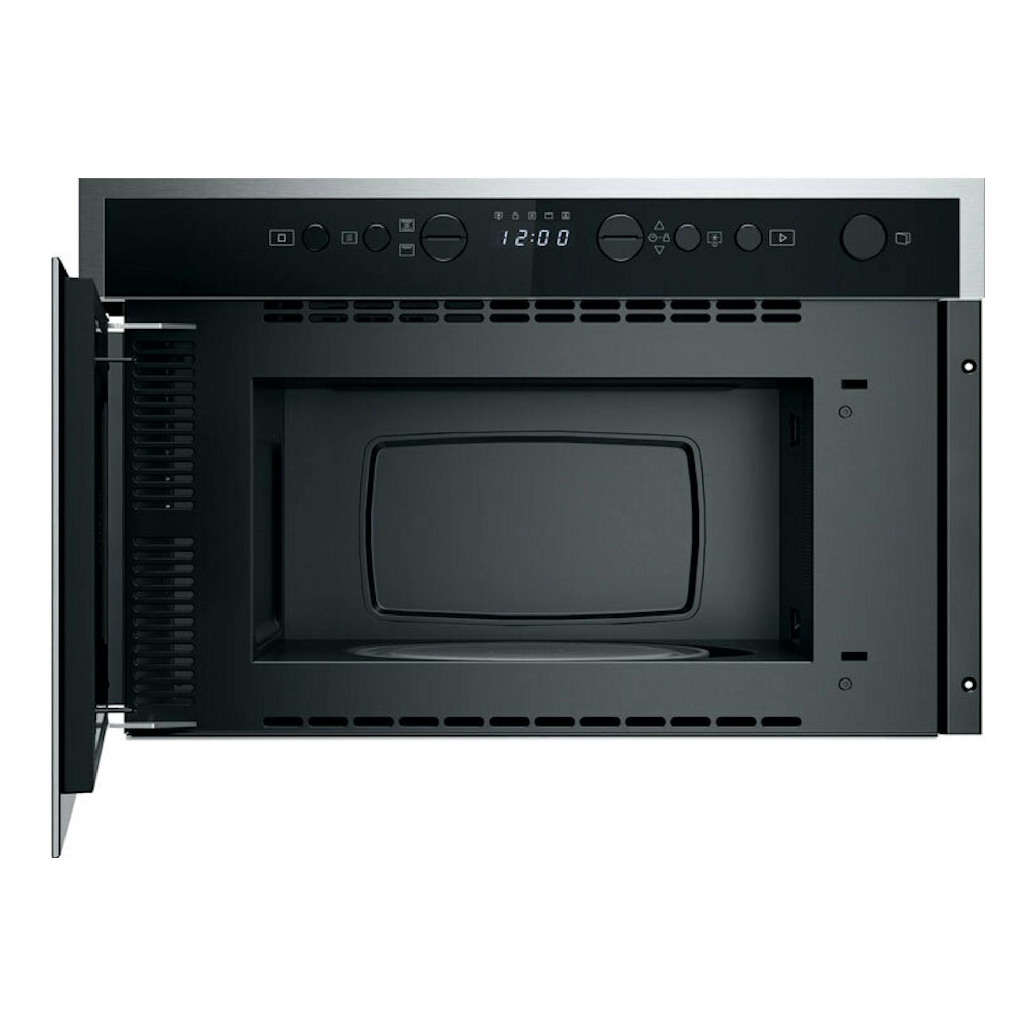 Microondas integrable Whirlpool WMN464BX, vista frontal, negro con marco inoxidable y puerta abierta.