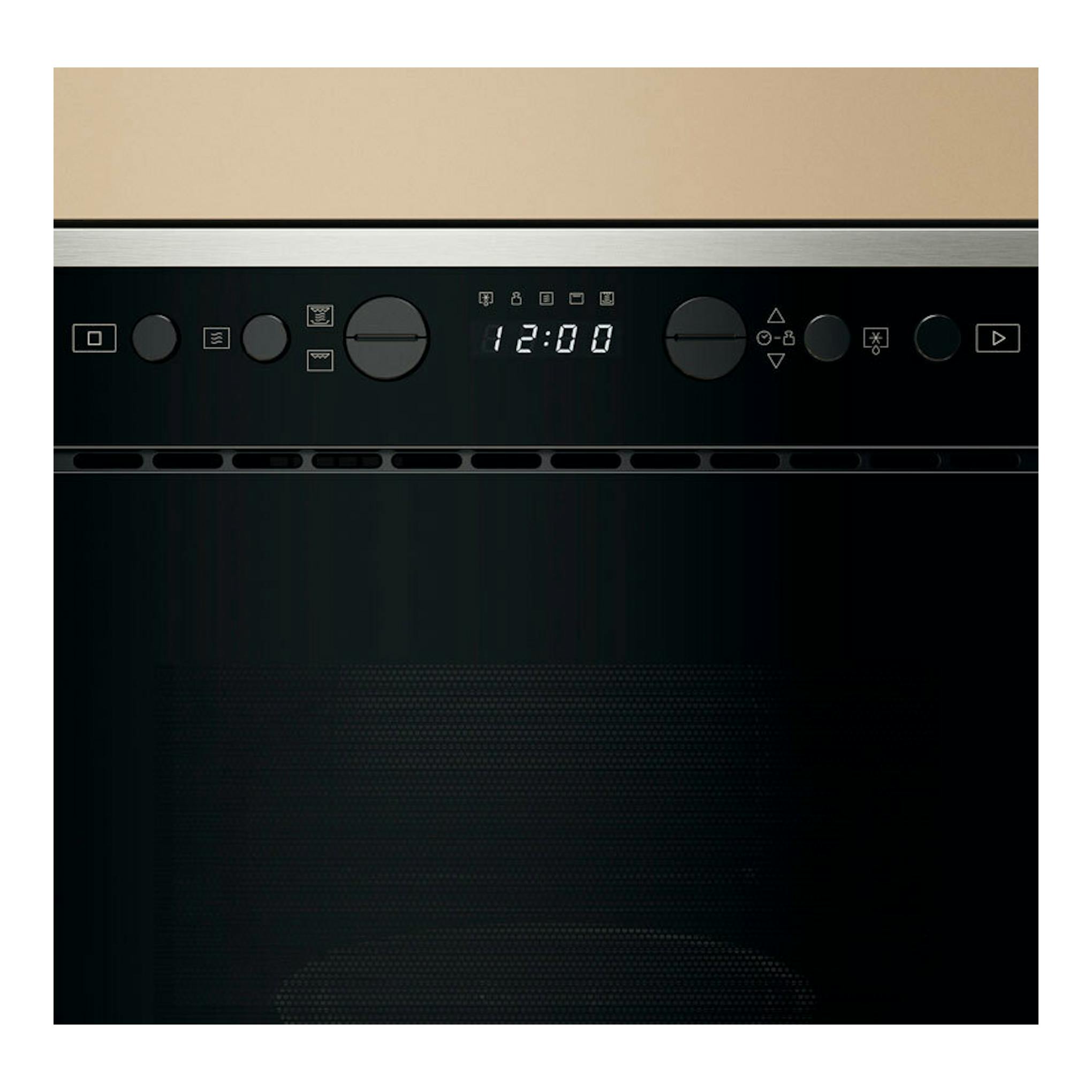 Microondas integrable Whirlpool WMN464BX, vista frontal, panel negro con display digital y mandos.