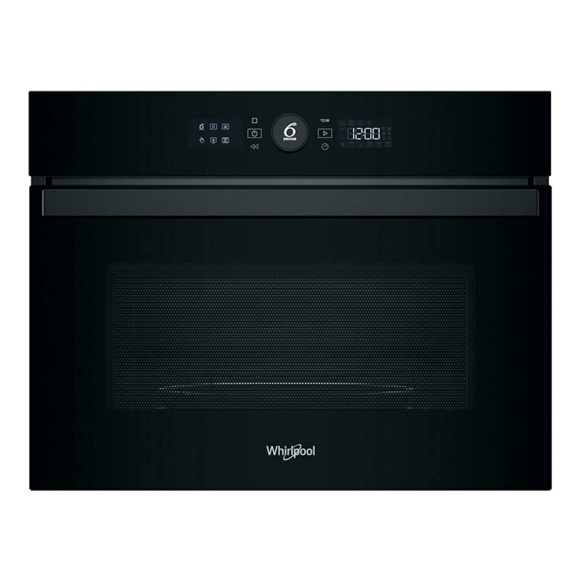 Microondas integrable Whirlpool WMW47HMB negro, vista frontal, con panel digital y puerta de vidrio tintado.