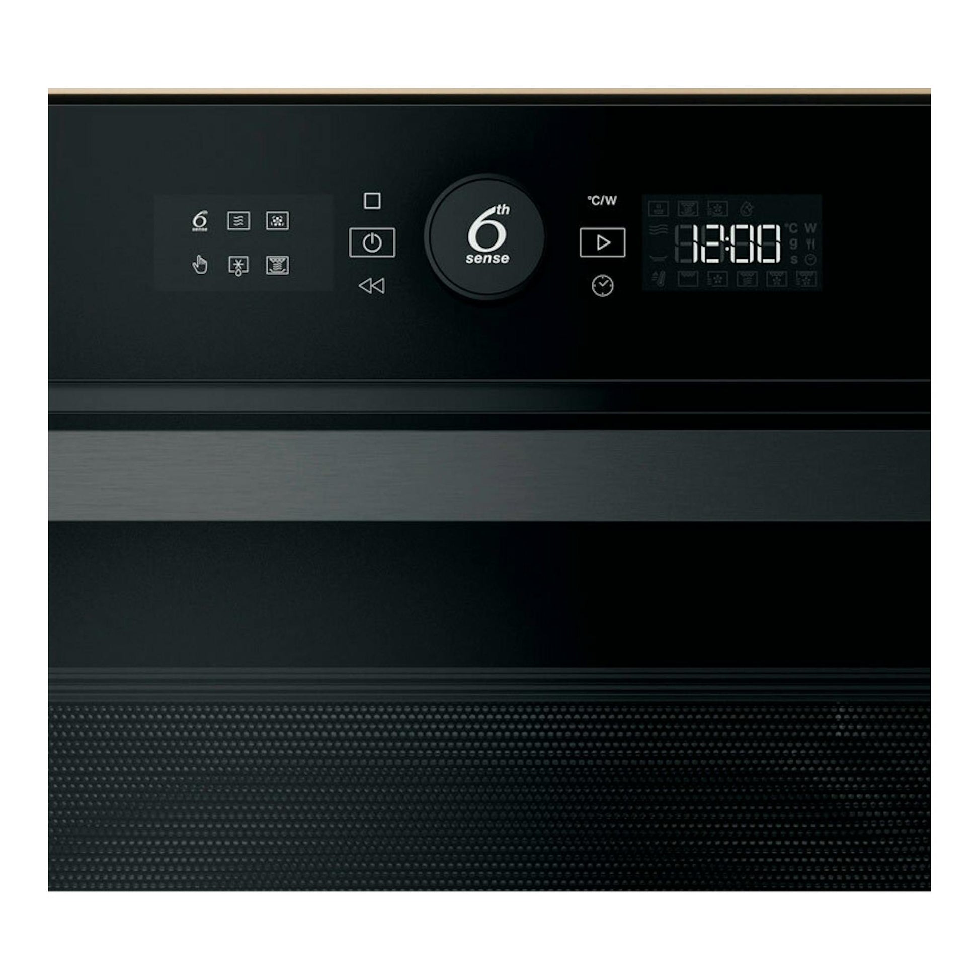 Microondas integrable Whirlpool WMW47HMB en negro, vista frontal del panel de control con display digital.