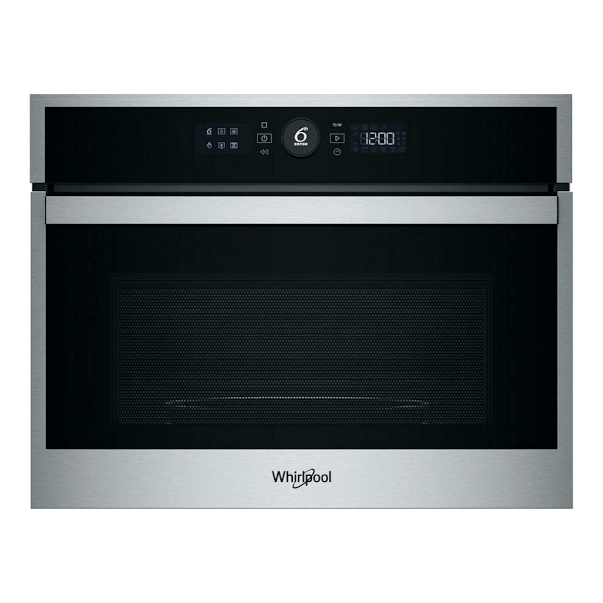 Microondas integrable Whirlpool WMW47HMX, vista frontal, en acero inoxidable y negro.