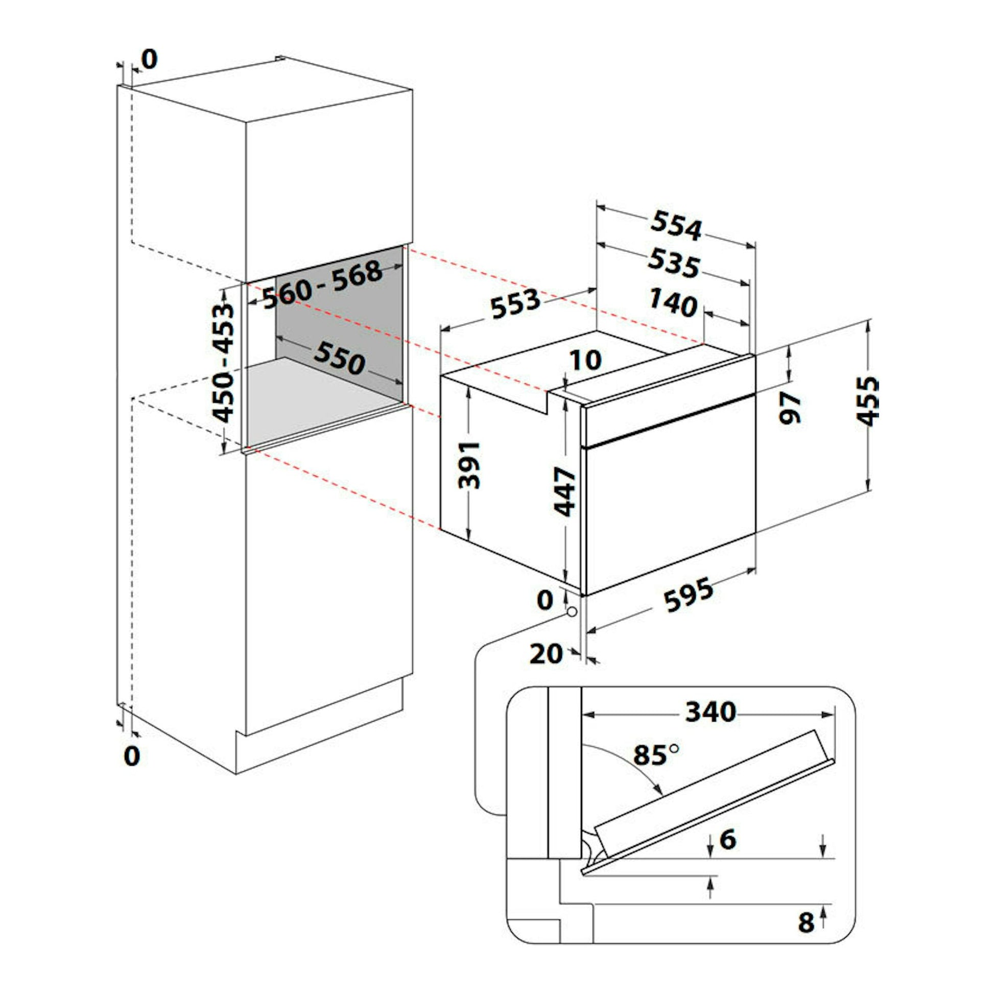 Esquema técnico de instalación de microondas integrable Whirlpool WMW47HMX, vista isométrica con medidas.