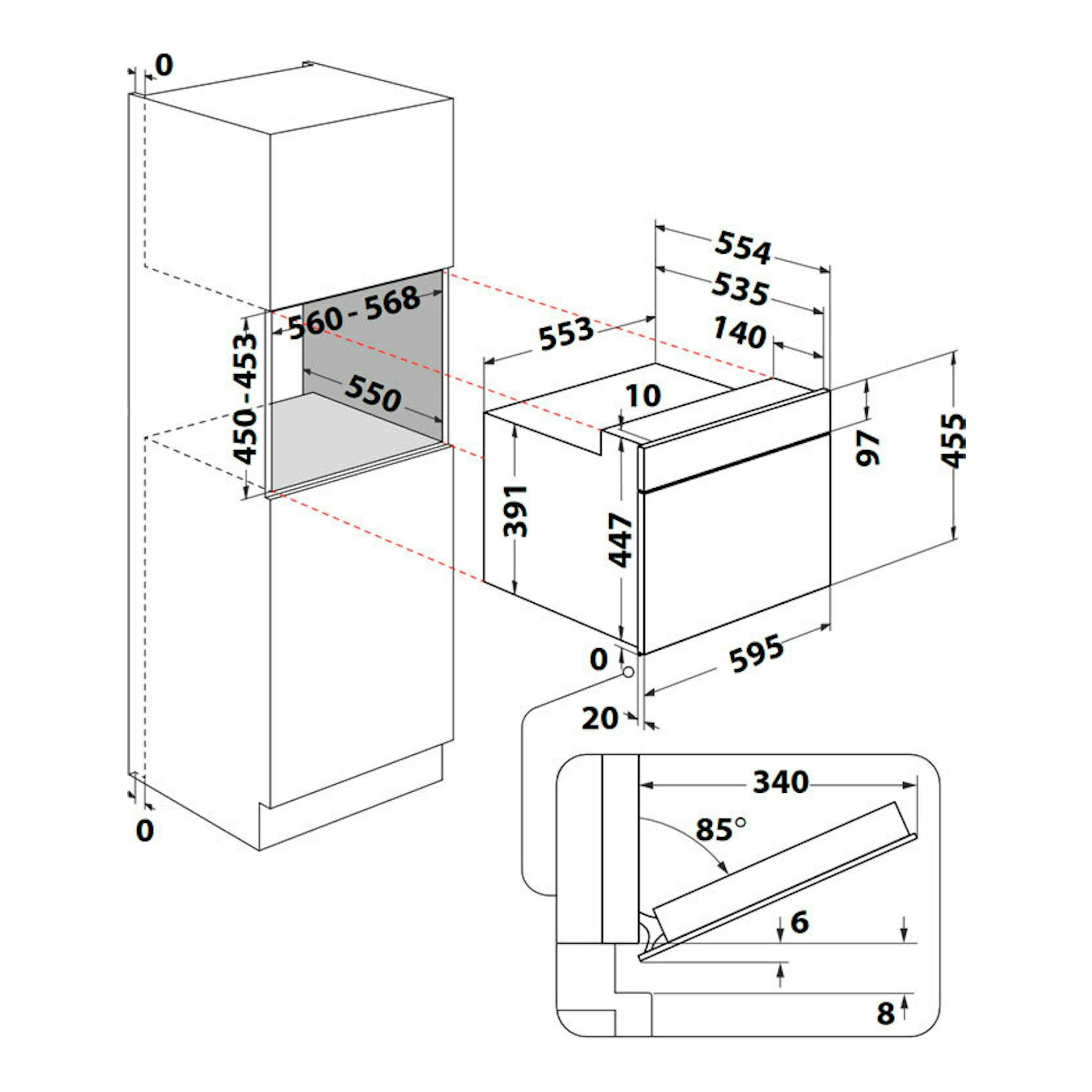 Esquema técnico de instalación de microondas integrable Whirlpool WMW47HMX, vista isométrica con medidas.