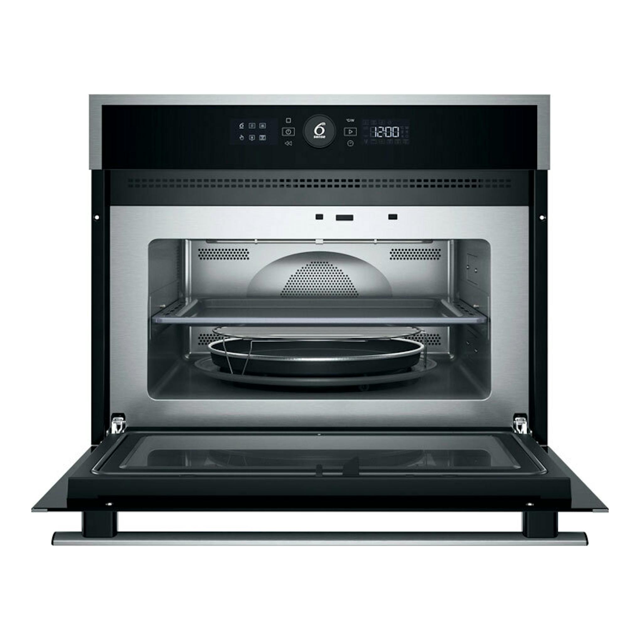 Microondas integrable Whirlpool WMW47HMX, vista frontal abierta, acabado negro y acero inoxidable.