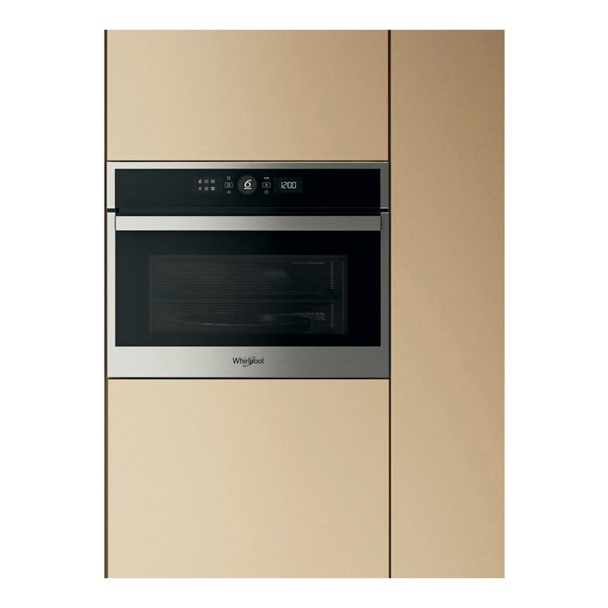 Microondas integrable Whirlpool WMW47HMX, vista frontal, acero inoxidable y negro, empotrado en mueble.