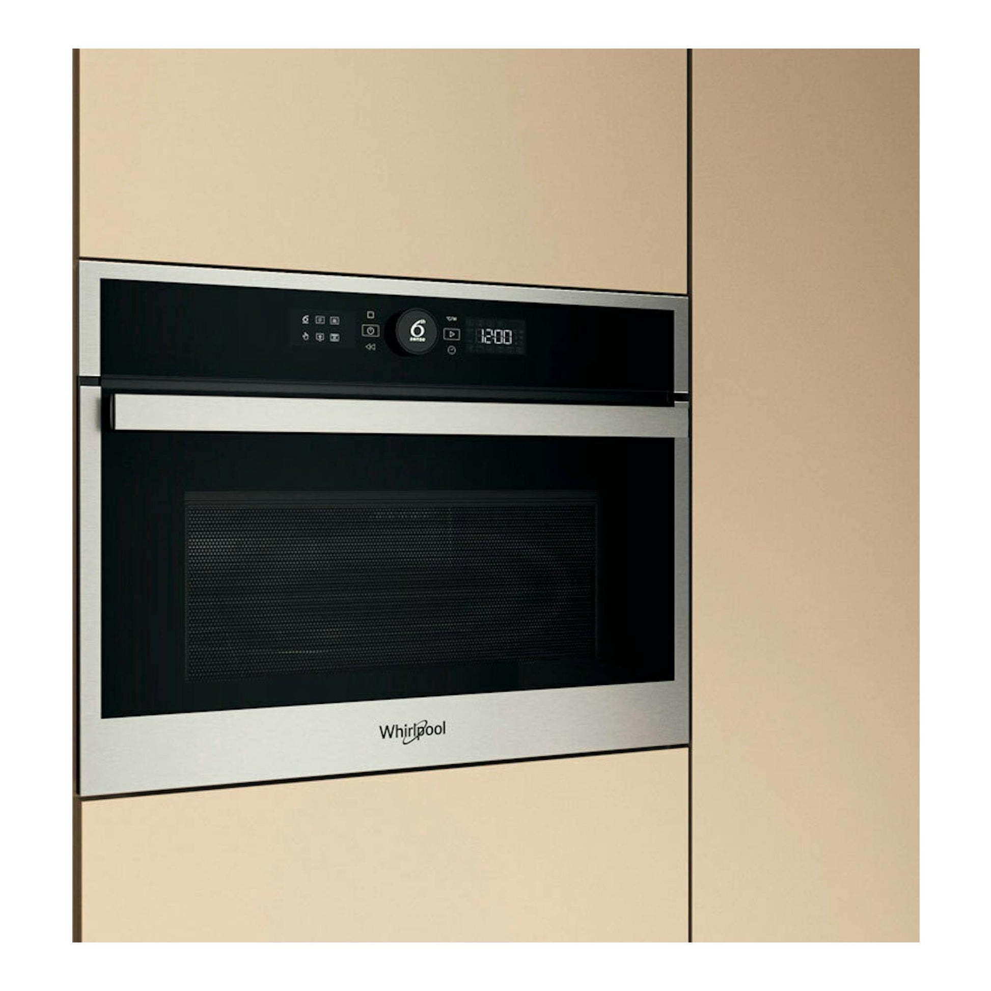 Microondas integrable Whirlpool WMW47HMX, vista frontal, acabado acero inoxidable y puerta negra.