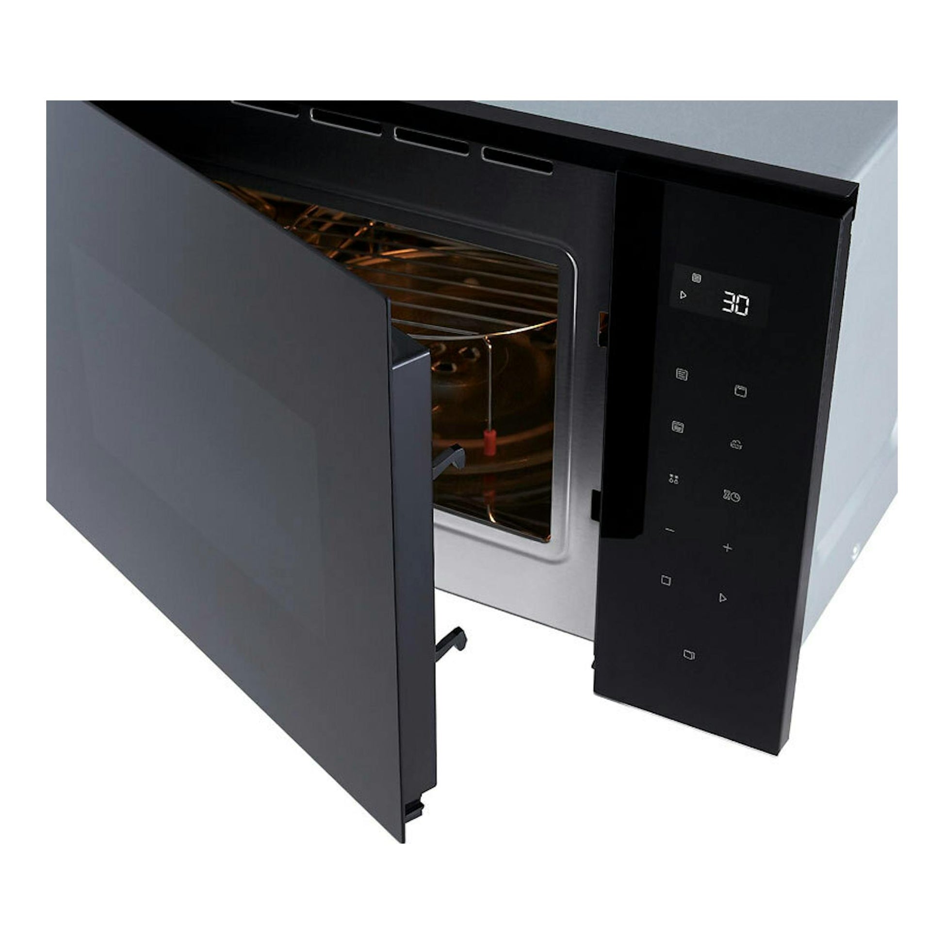 Microondas LG MGBZ2593F negro, vista frontal en ángulo, con la puerta abierta y panel táctil iluminado.