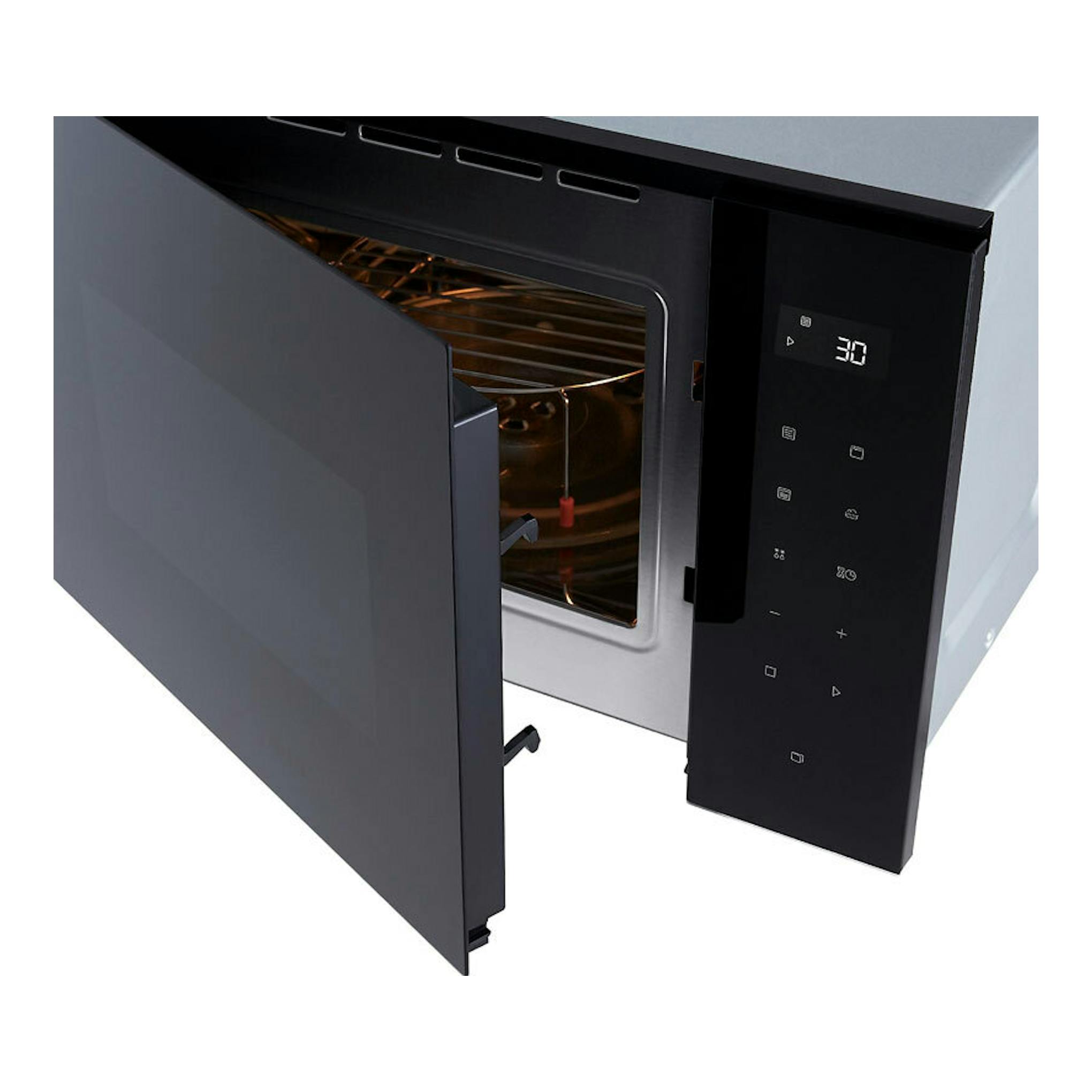 Microondas LG MGBZ2593F negro, vista frontal en ángulo, con la puerta abierta y panel táctil iluminado.