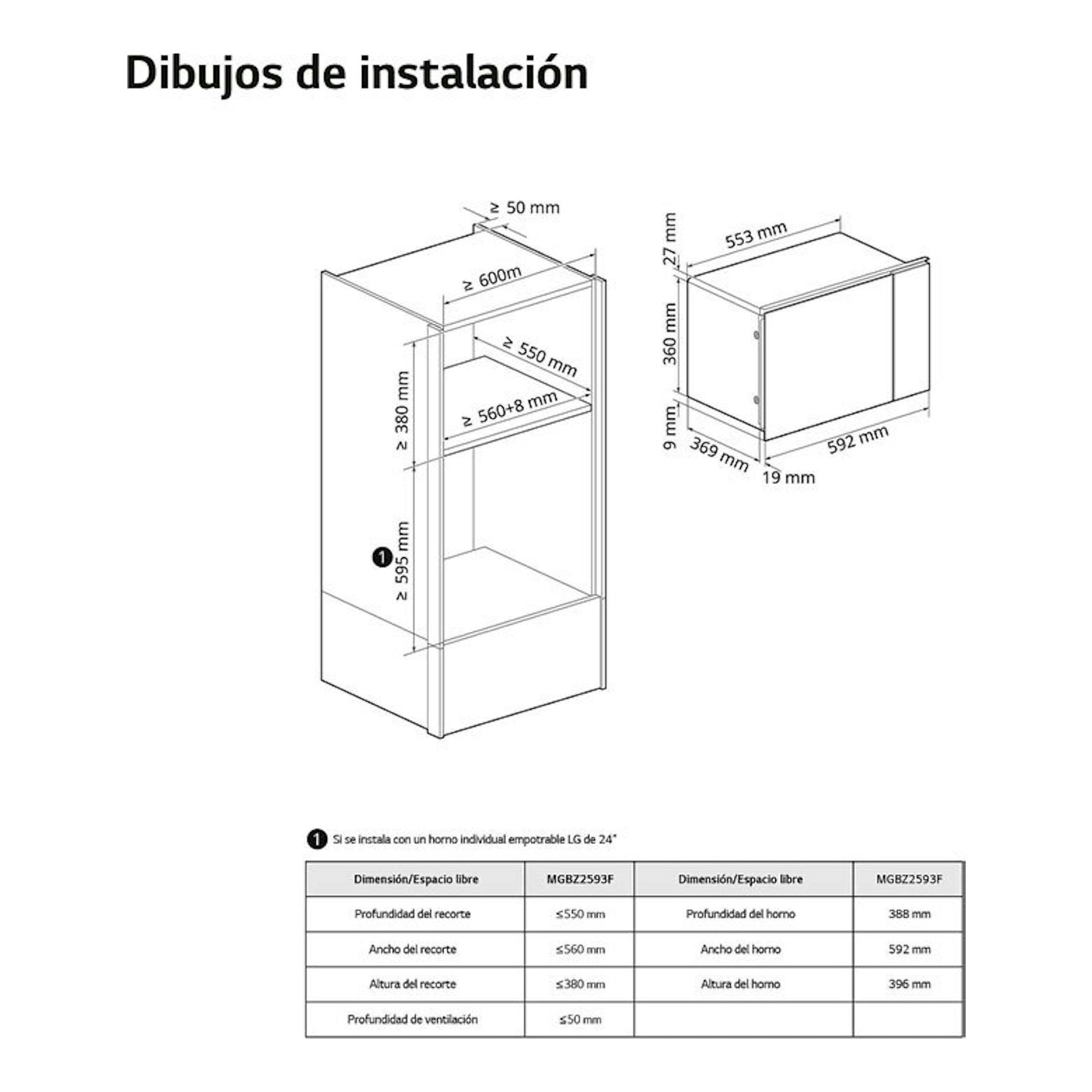 Dibujos de instalación del microondas LG MGBZ2593F negro, con medidas del mueble y del horno.