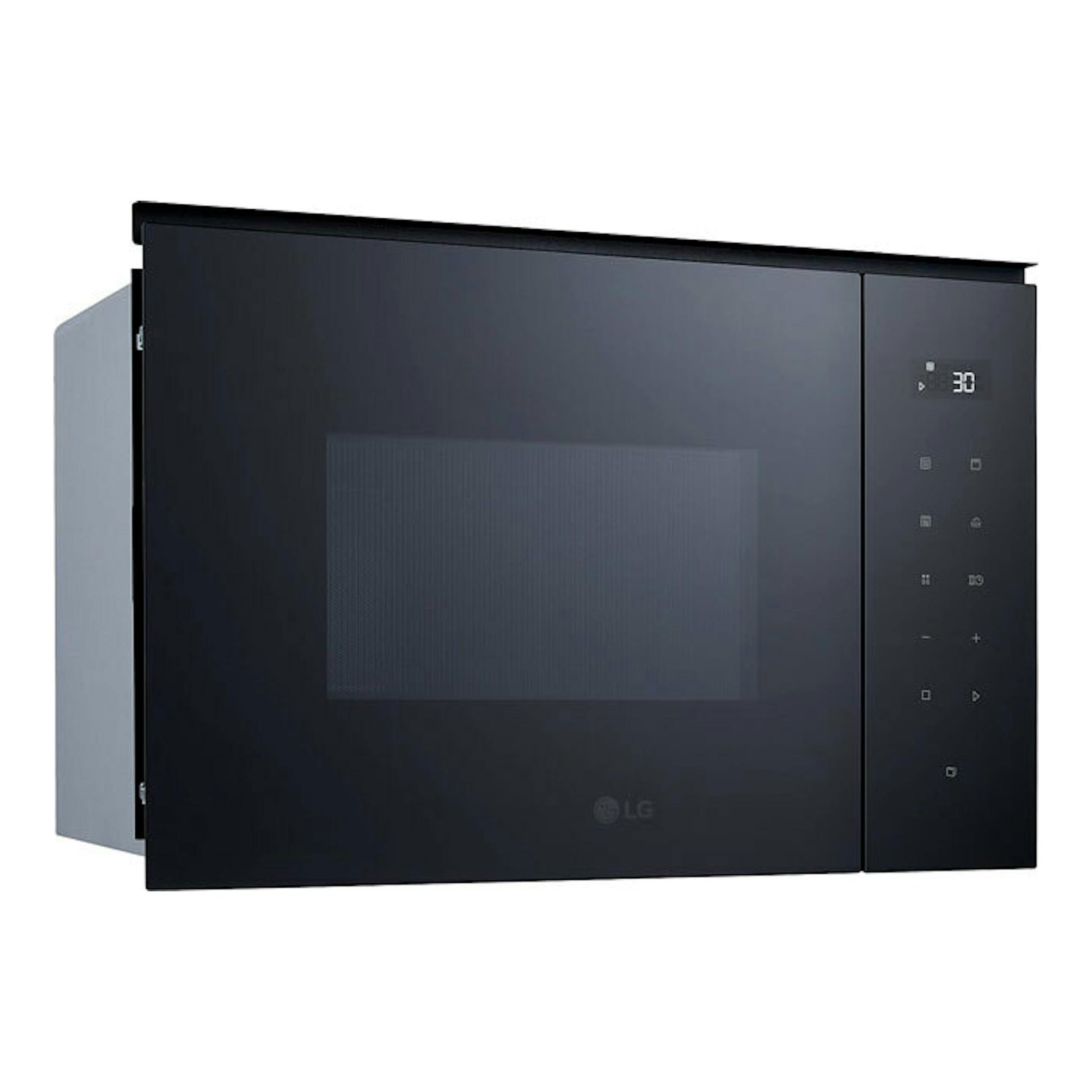 Microondas empotrable LG MGBZ2593F negro, vista frontal en ángulo con panel táctil y display digital.