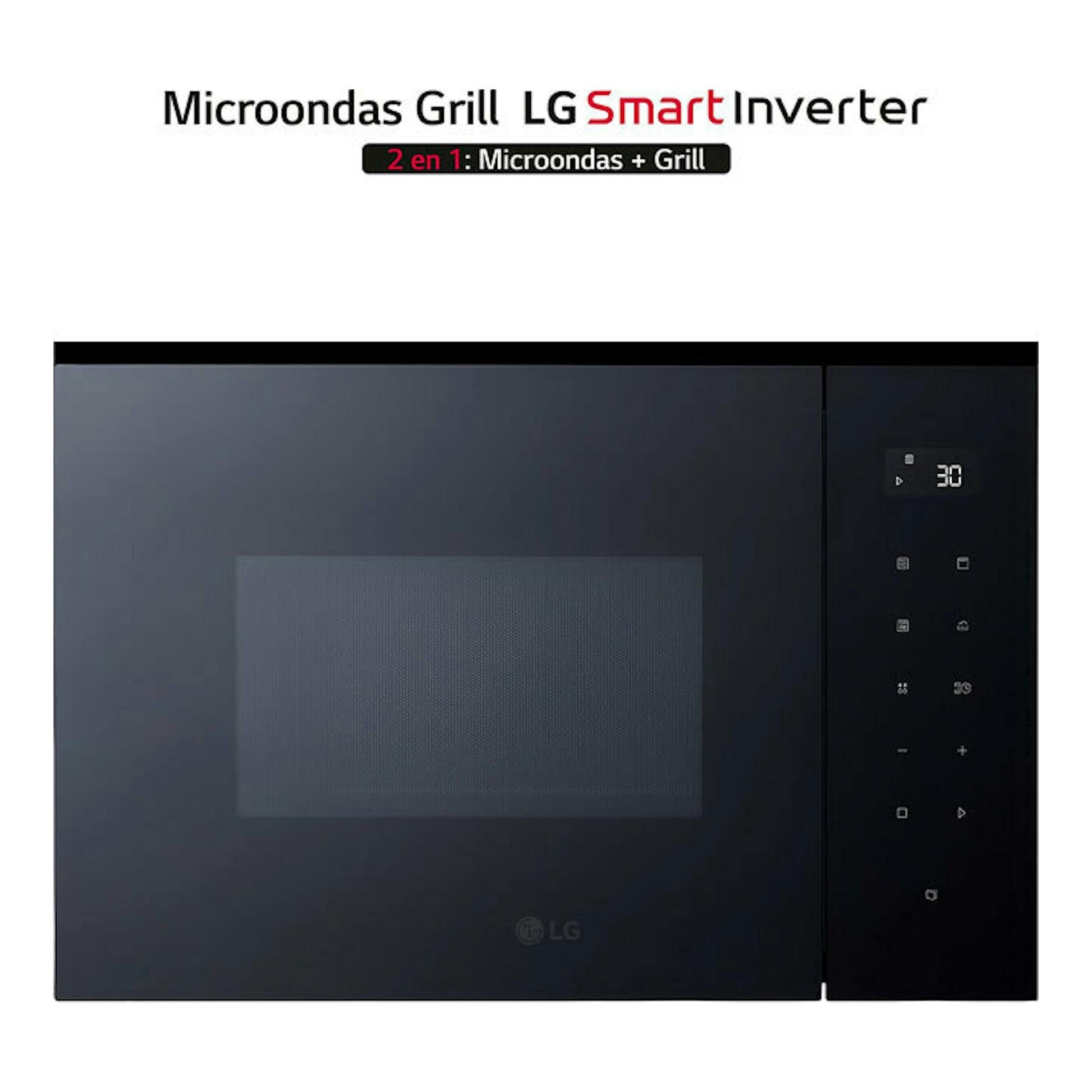 Microondas LG MGBZ2593F negro, vista frontal, con panel táctil derecho y display digital.