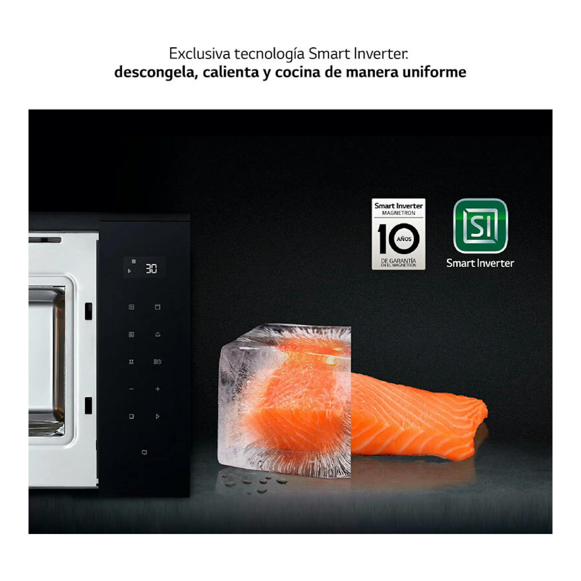 Microondas LG MGBZ2593F negro, vista frontal parcial, con panel táctil y salmón congelado junto a un cubo de hielo.