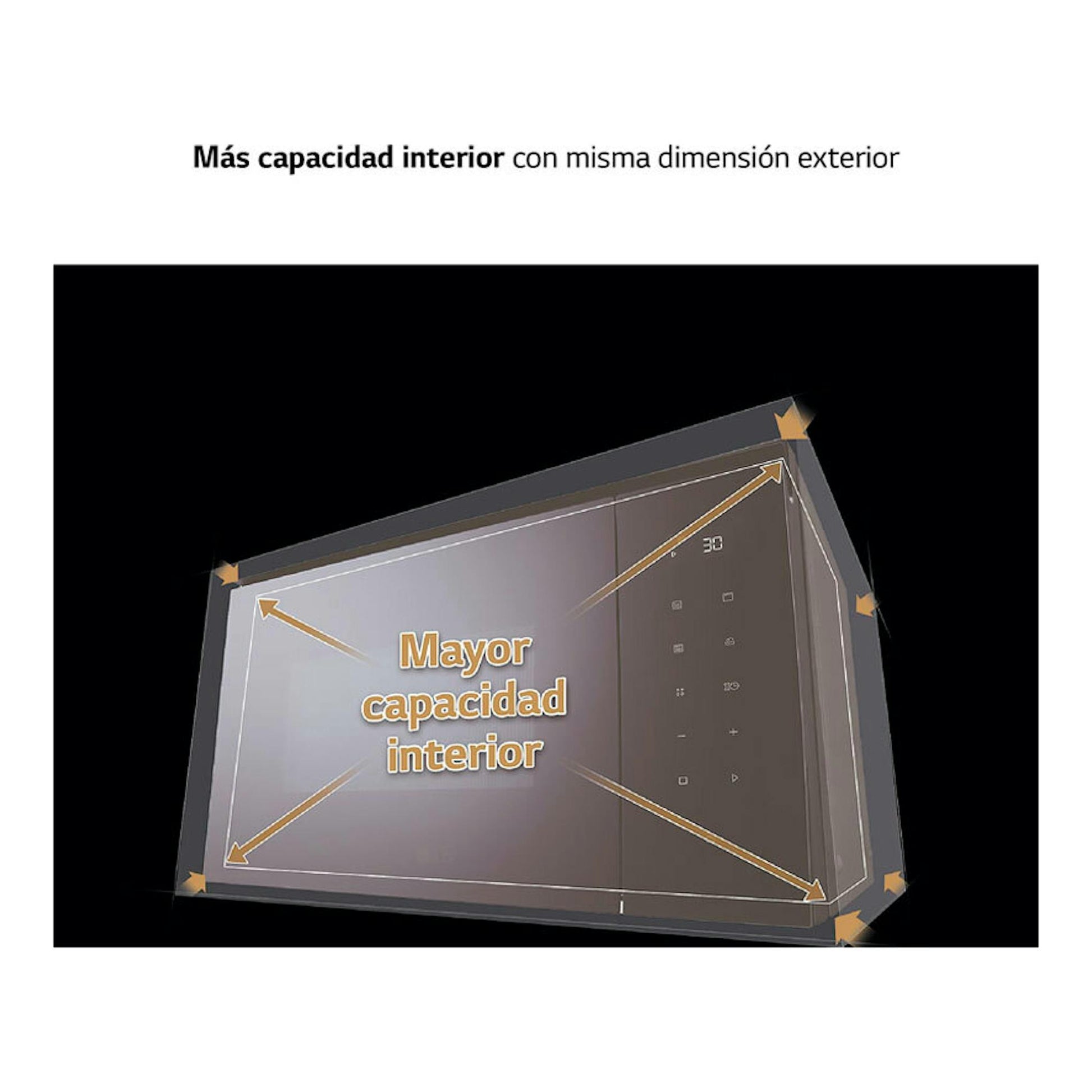 Microondas LG MGBZ2593F negro, vista en perspectiva del interior con flechas y texto de mayor capacidad.