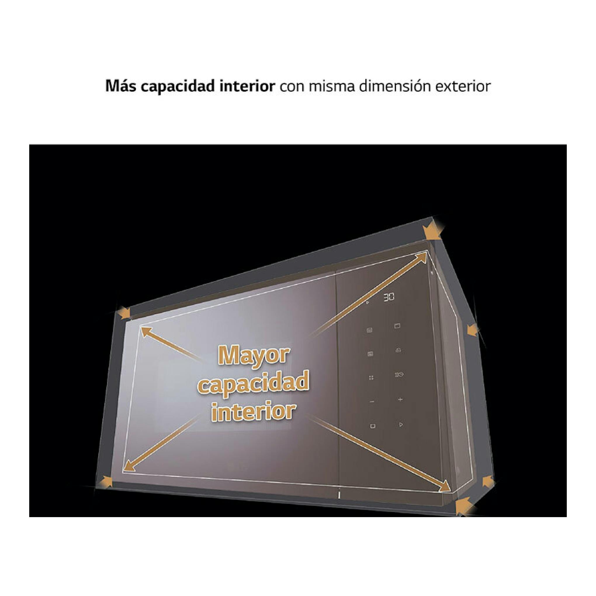 Microondas LG MGBZ2593F negro, vista en perspectiva del interior con flechas y texto de mayor capacidad.