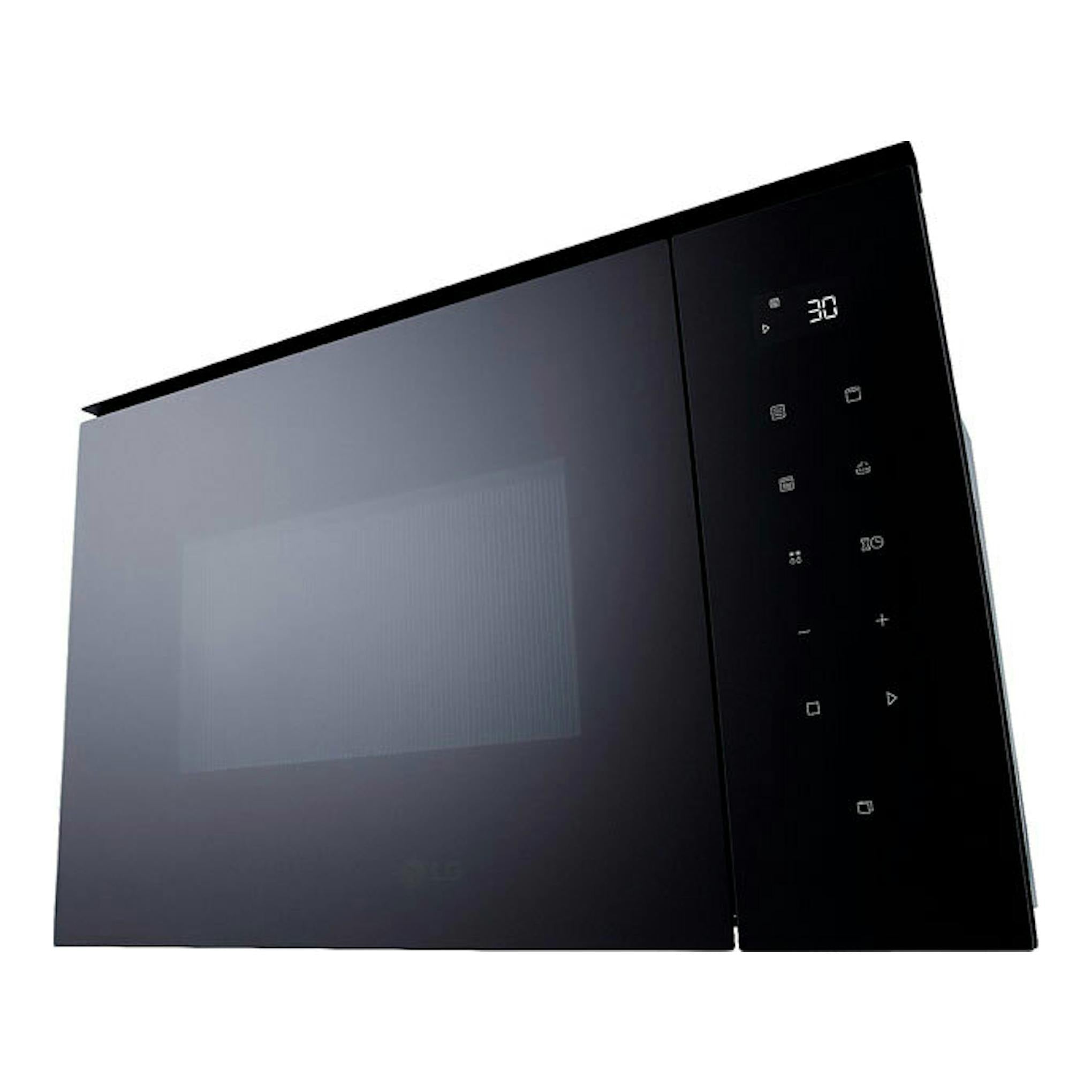 Microondas LG MGBZ2593F negro, vista frontal en ángulo, con panel táctil y display digital a la derecha.
