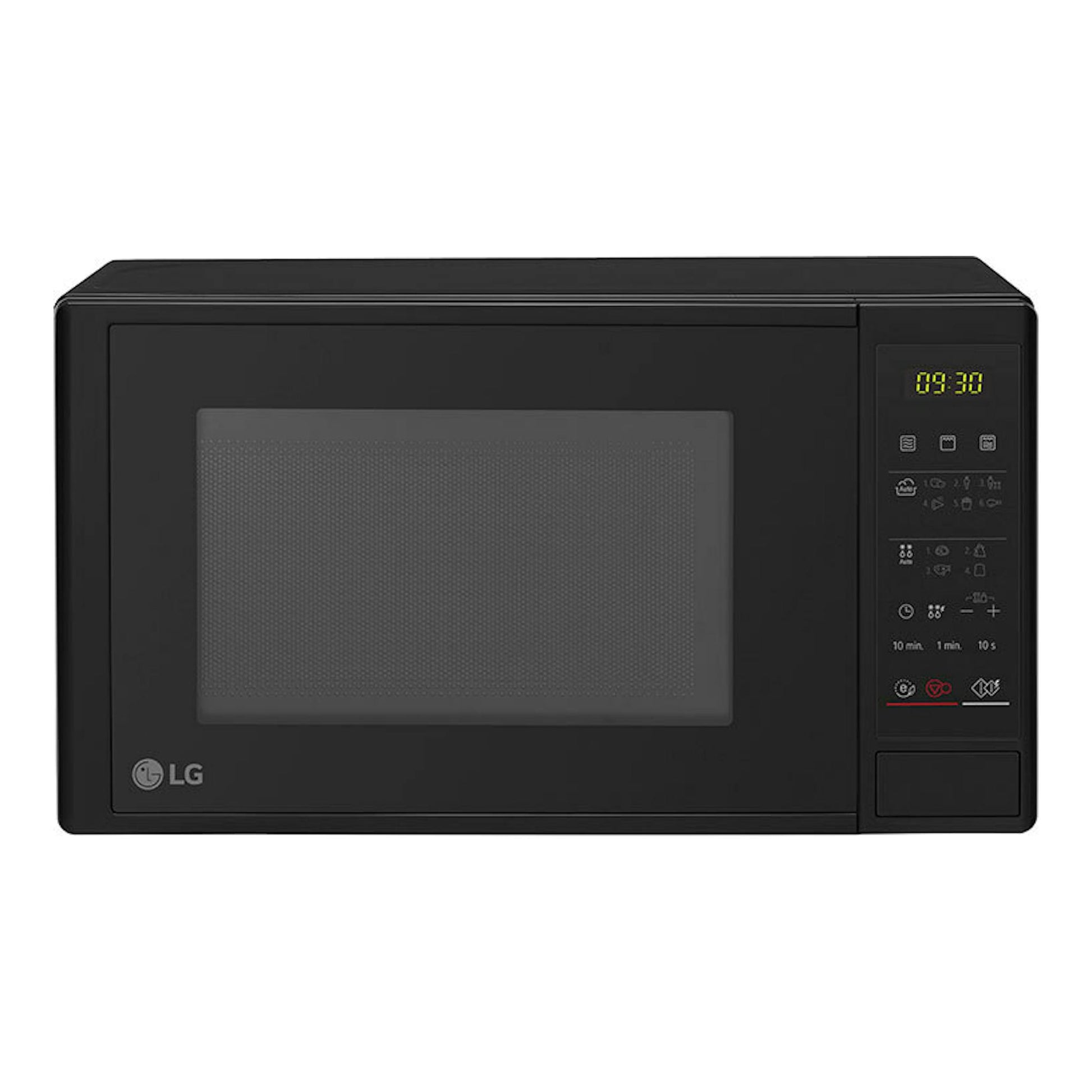 Microondas LG MH6042D negro, vista frontal, con panel digital a la derecha y puerta con ventana oscura.