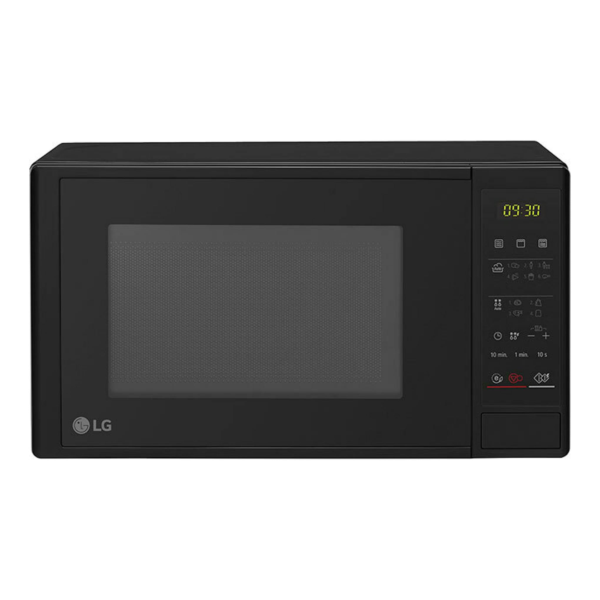 Microondas LG MH6042D negro, vista frontal, con panel digital a la derecha y puerta con ventana oscura.