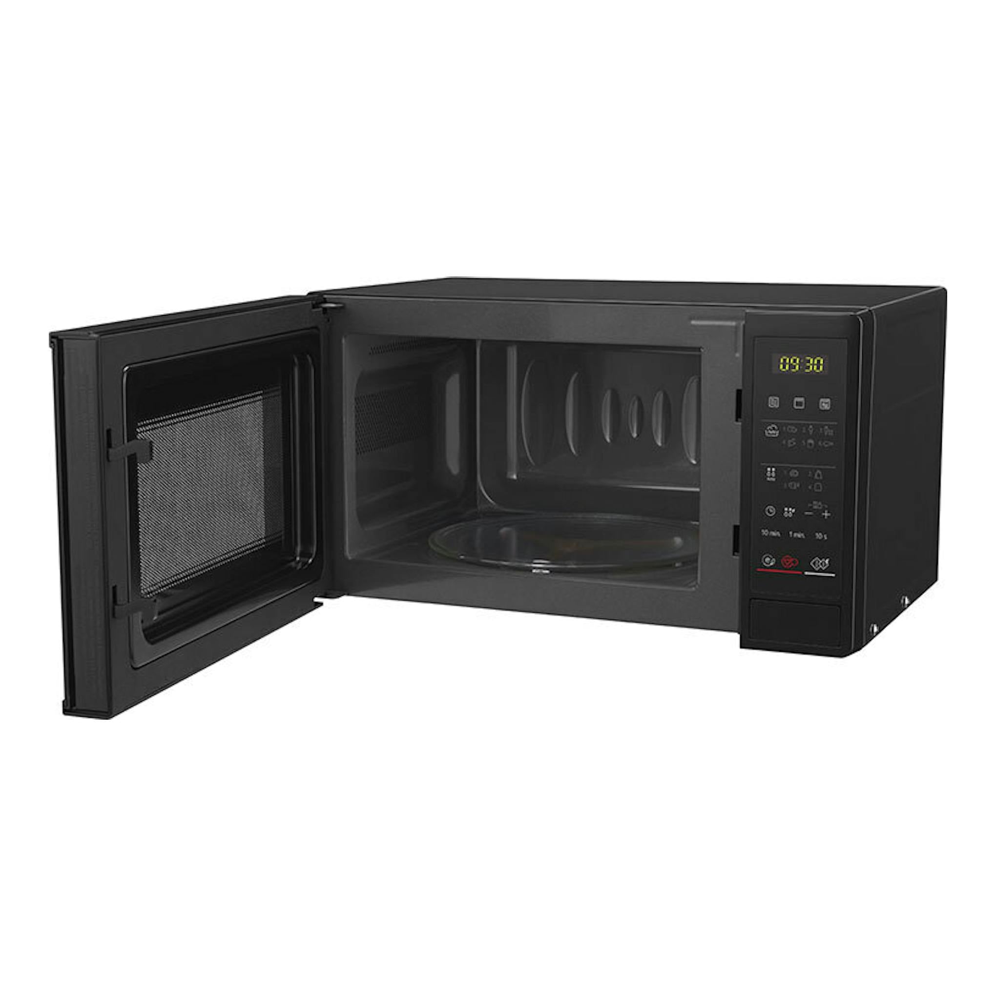 Microondas LG MH6042D negro, con puerta abierta y panel de control digital frontal, vista frontal en ángulo.