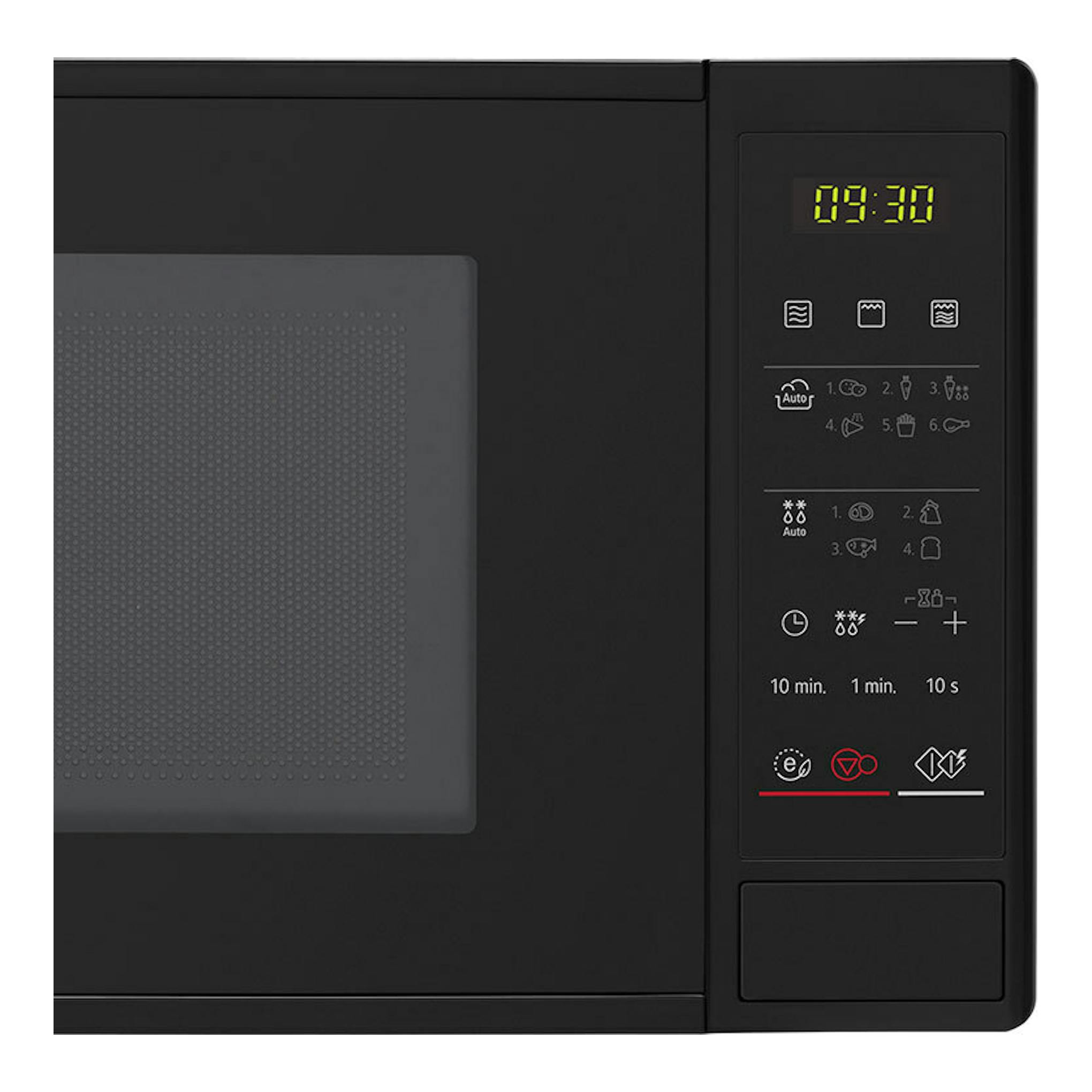 Microondas LG MH6042D negro, vista frontal, con panel digital a la derecha y pantalla 09:30.