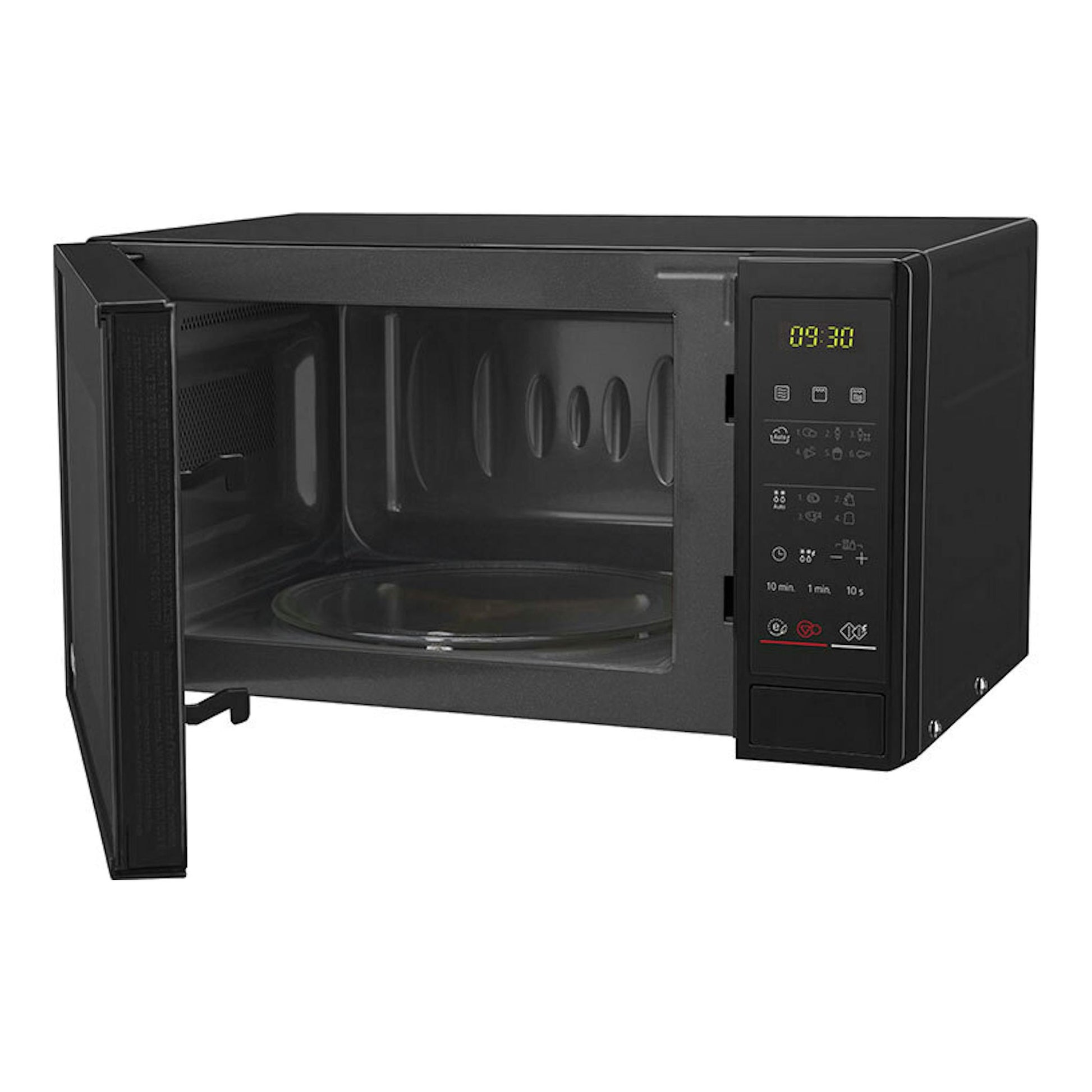 Microondas LG MH6042D negro, vista frontal en ángulo, con la puerta abierta y panel digital a la derecha.