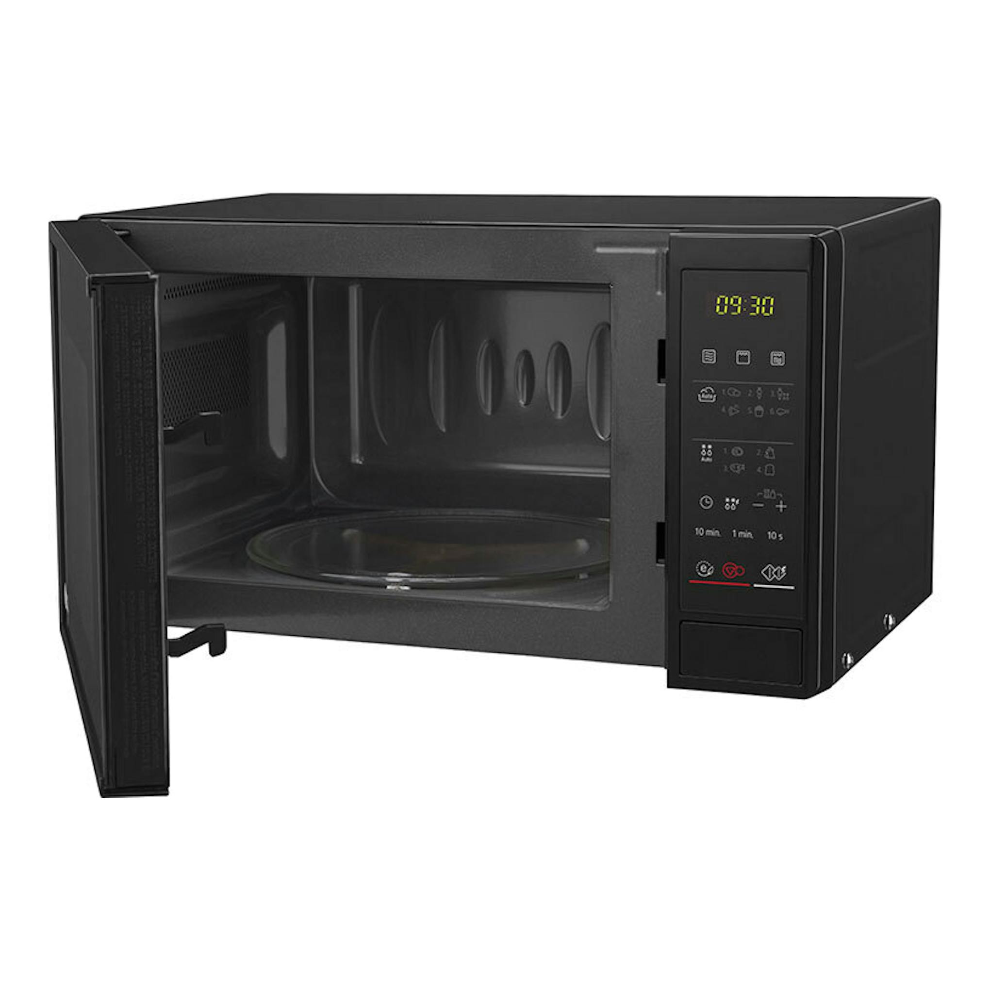 Microondas LG MH6042D negro, vista frontal en ángulo, con la puerta abierta y panel digital a la derecha.