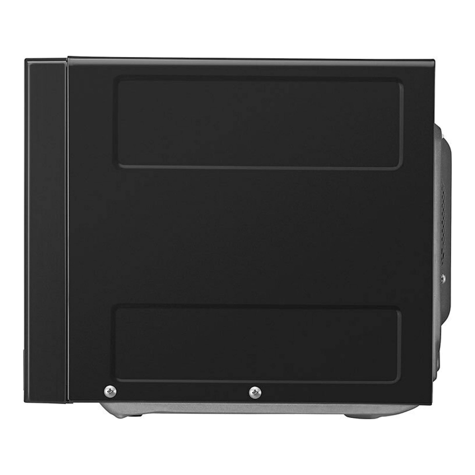 Microondas LG MH6042D negro, vista frontal, con panel liso y bisagras visibles.